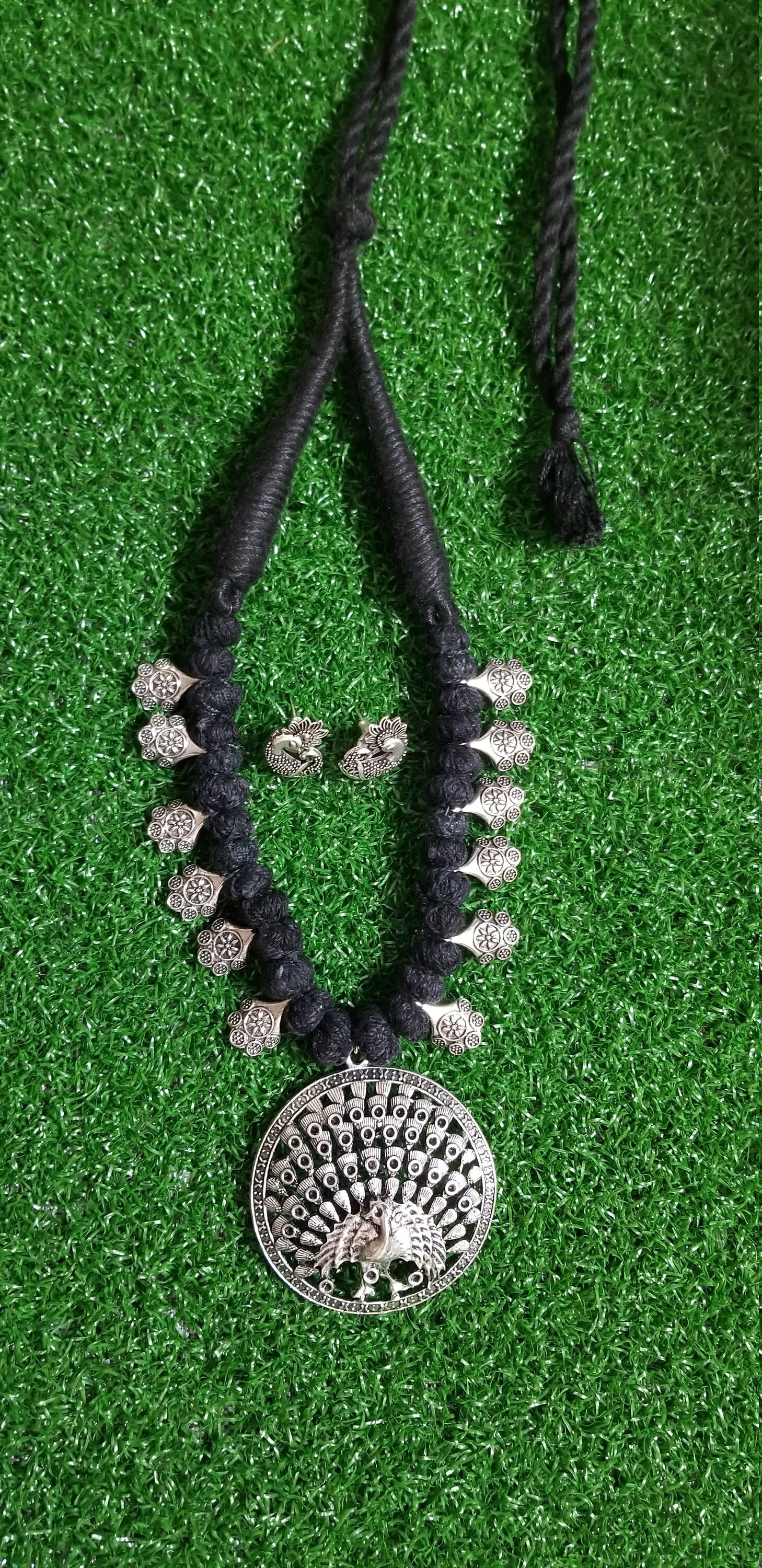 Antique Silver Peacock Pendent with Thread bead chain with Peacock Earrings - Ethnic Jewelry