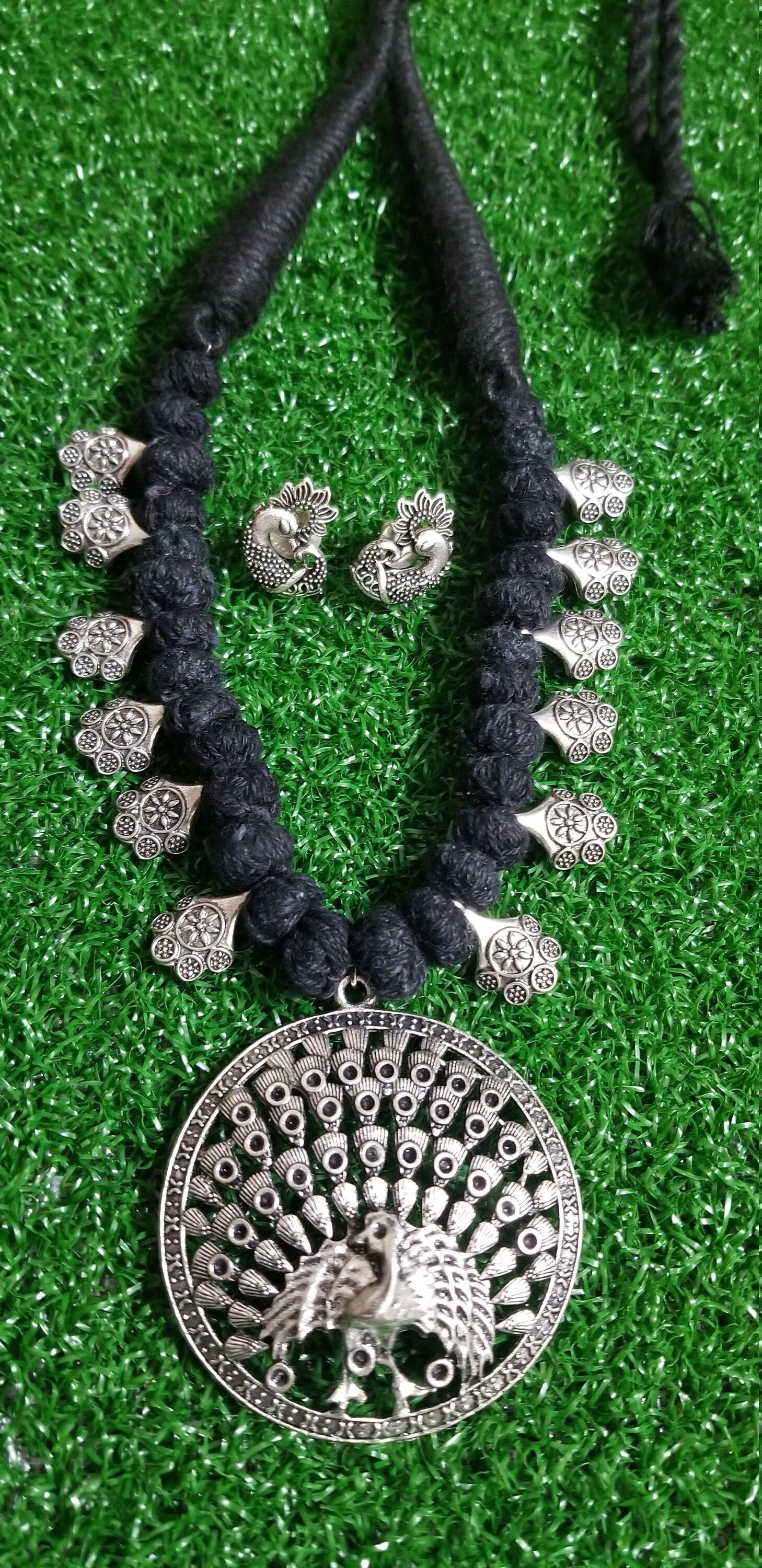 Antique Silver Peacock Pendent with Thread bead chain with Peacock Earrings - Ethnic Jewelry