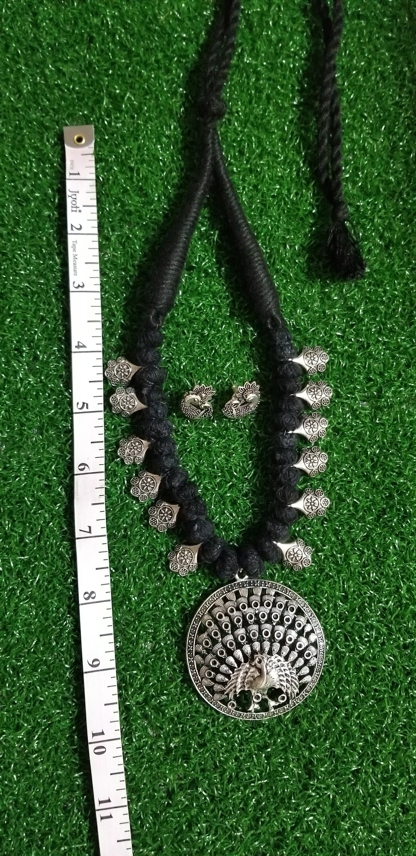 Antique Silver Peacock Pendent with Thread bead chain with Peacock Earrings - Ethnic Jewelry