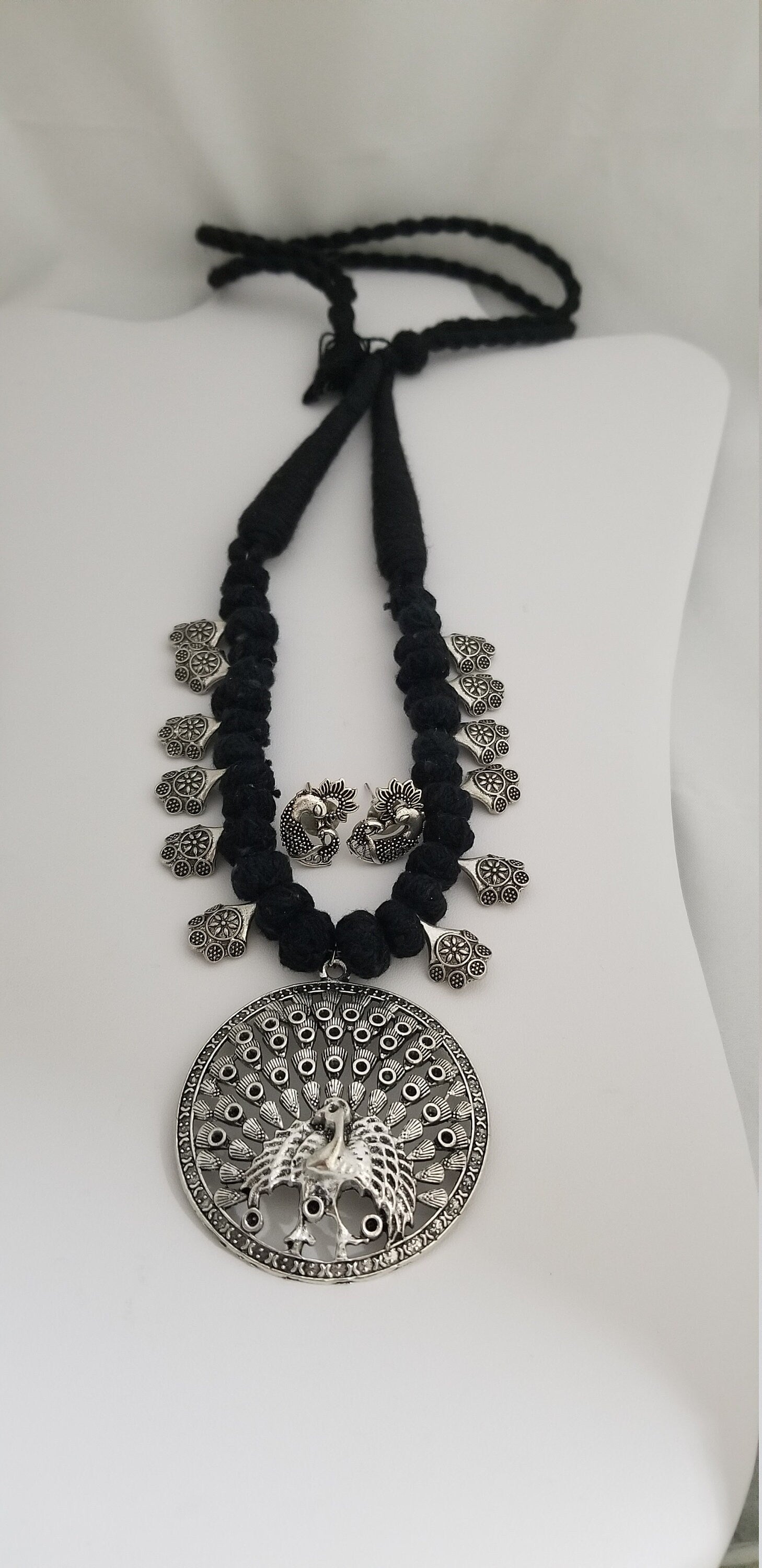 Antique Silver Peacock Pendent with Thread bead chain with Peacock Earrings - Ethnic Jewelry