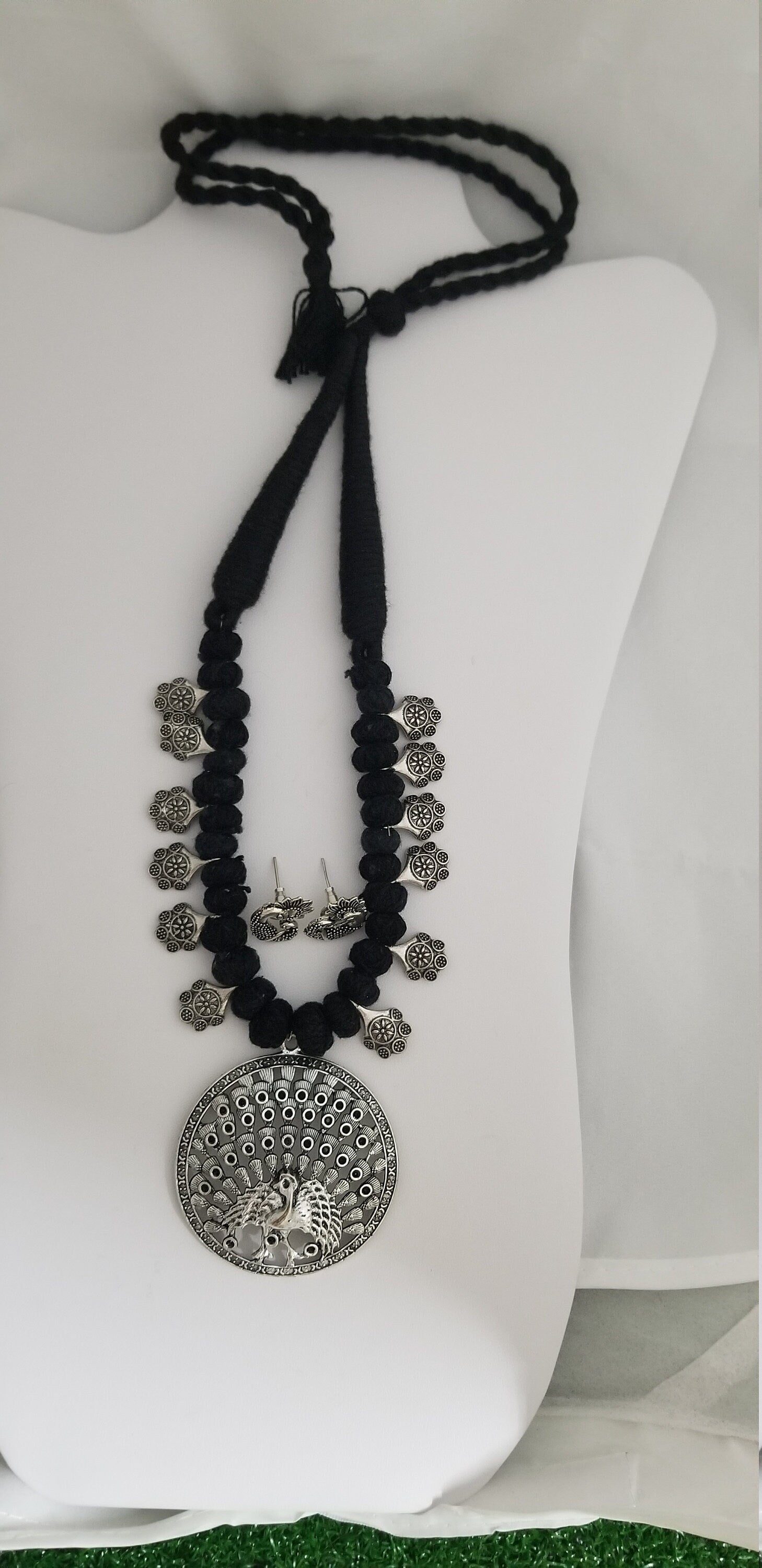 Antique Silver Peacock Pendent with Thread bead chain with Peacock Earrings - Ethnic Jewelry