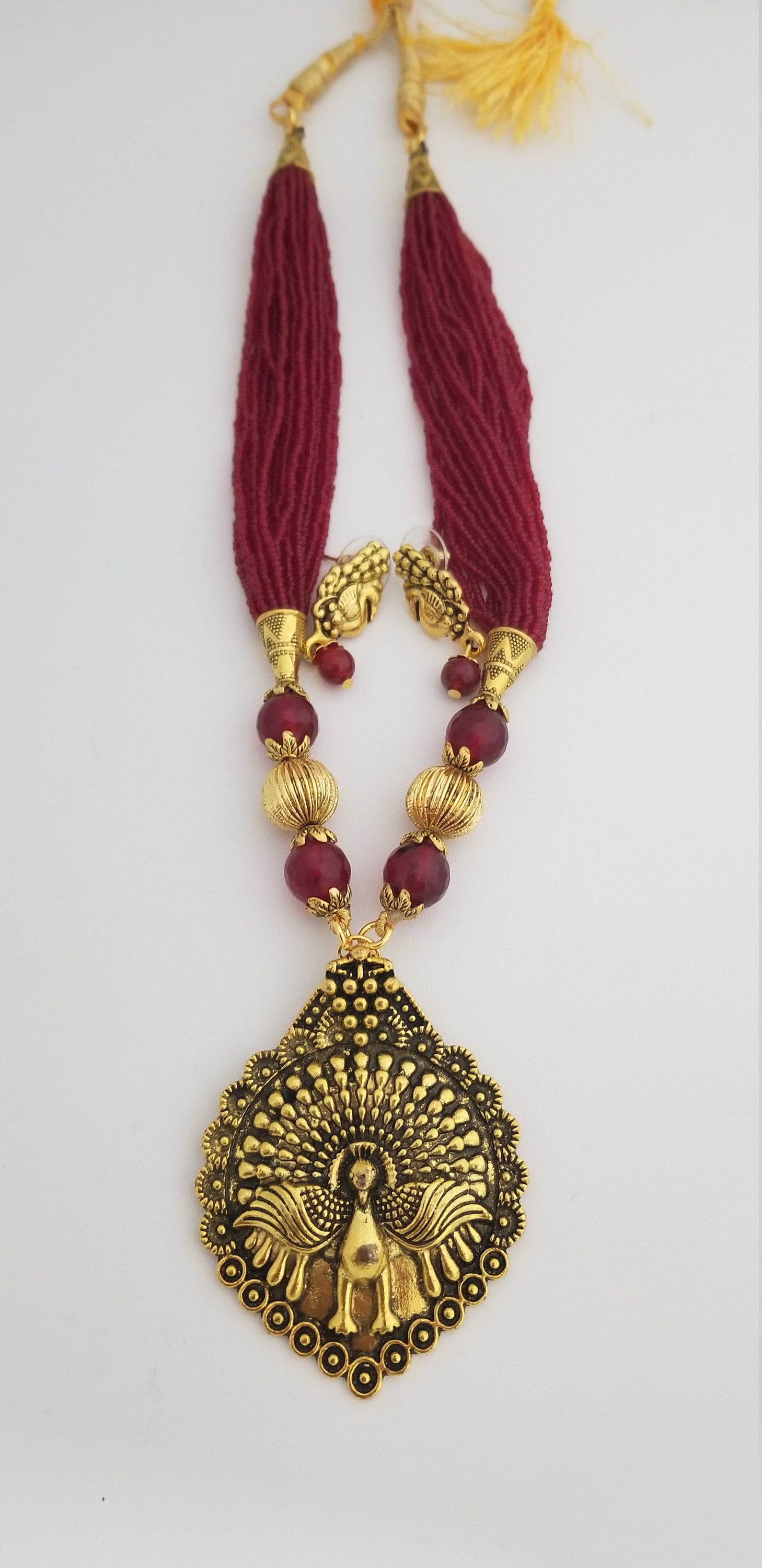Antique Peacock Pendent with Red Bead chain with Peacock Earrings- Ethnic Jewelry