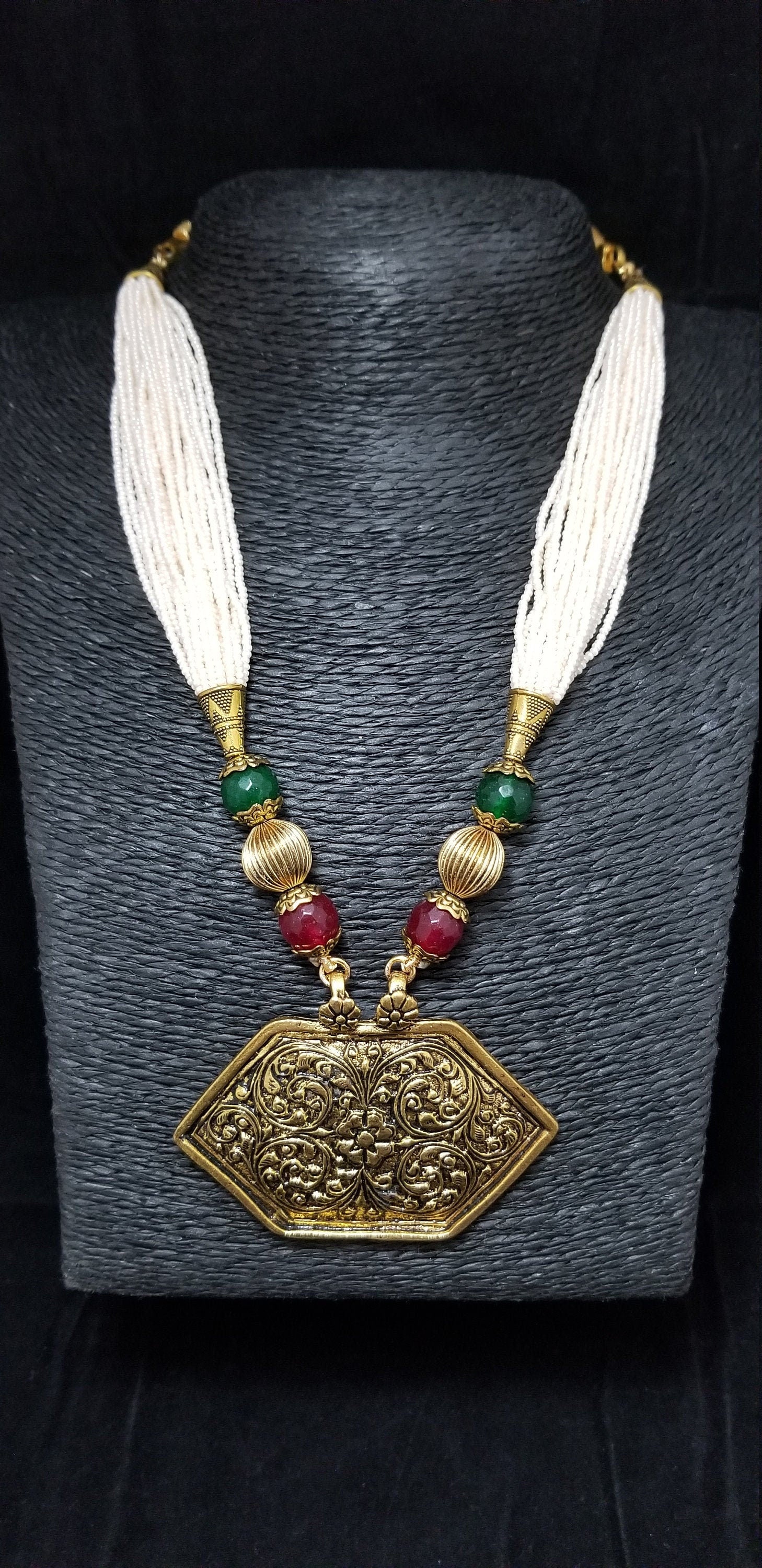 Antique Pendent with Cream color Beaded chain