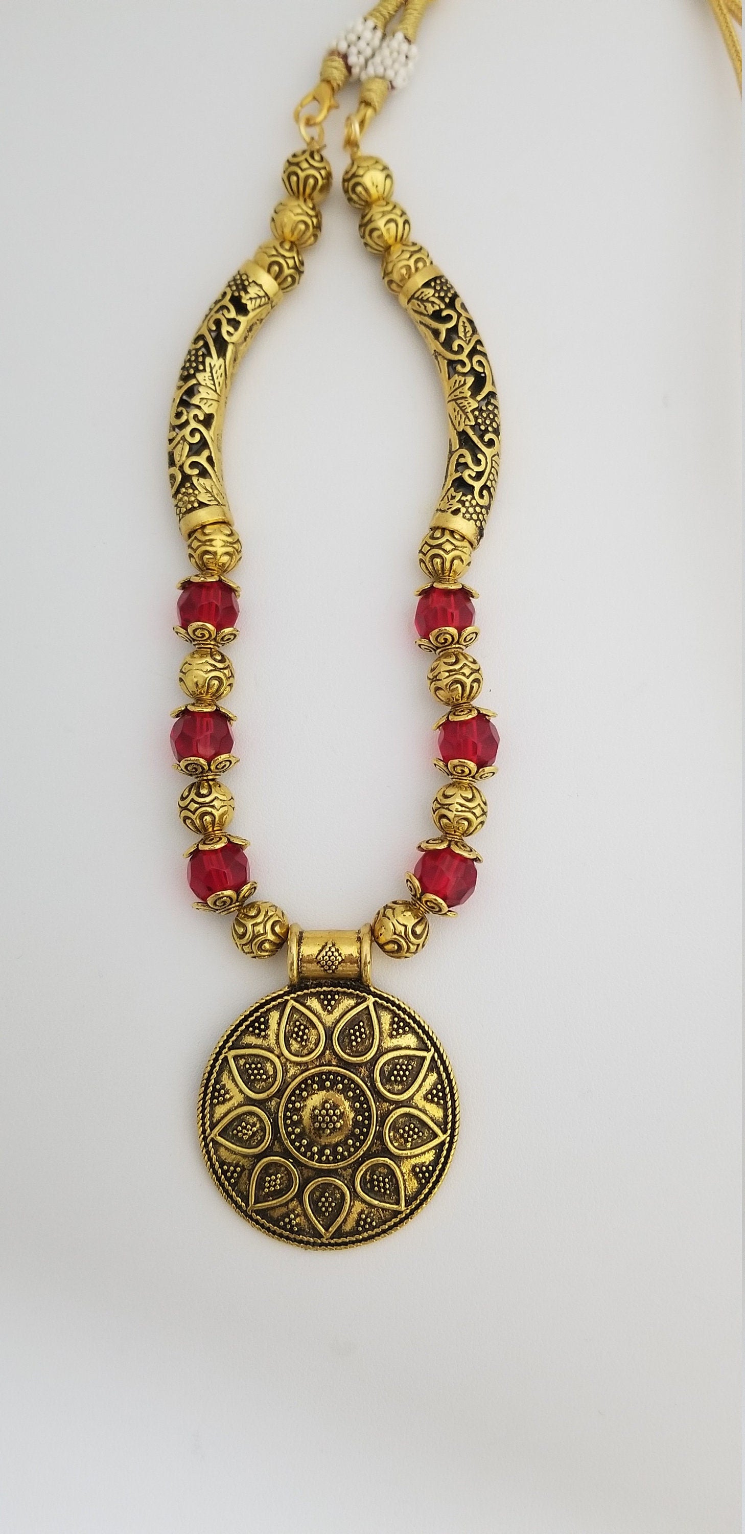 Antique traditional Bend Tube Necklace with semi-precious Jade bead chain - Ethnic Jewelry