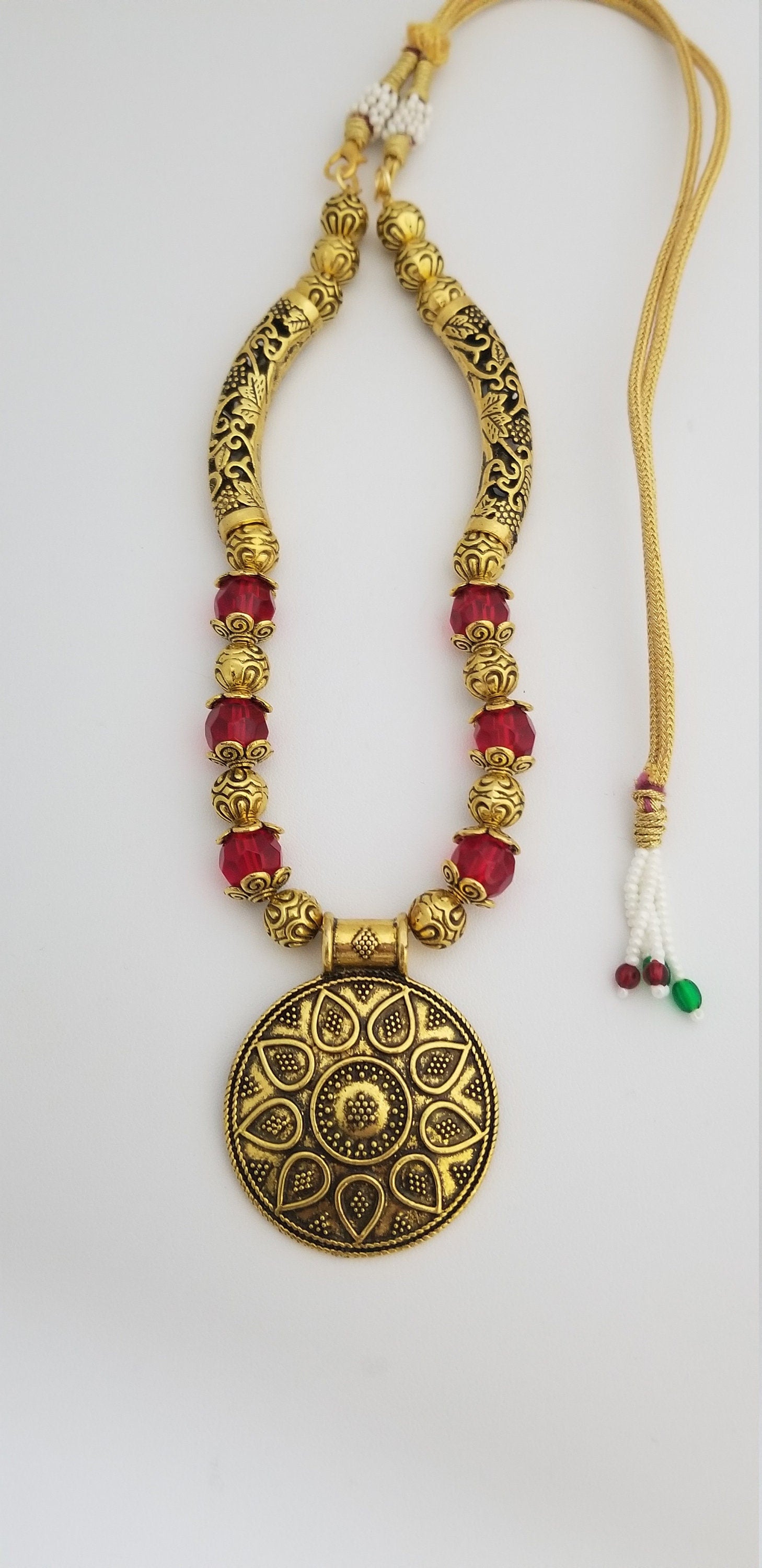 Antique traditional Bend Tube Necklace with semi-precious Jade bead chain - Ethnic Jewelry
