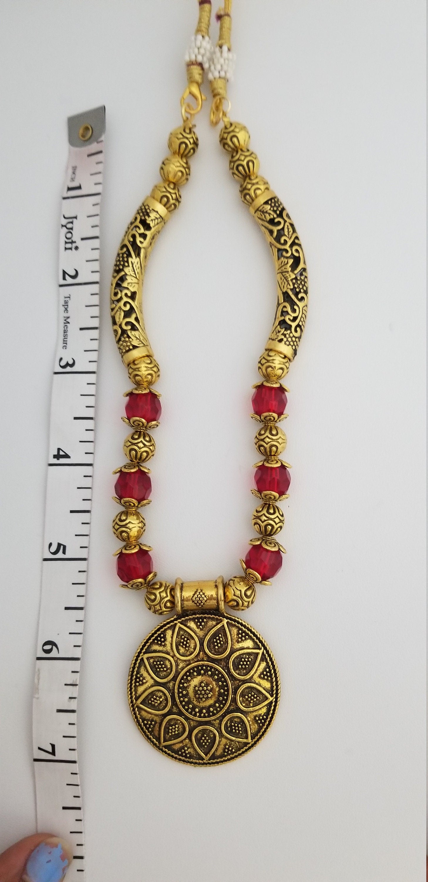 Antique traditional Bend Tube Necklace with semi-precious Jade bead chain - Ethnic Jewelry