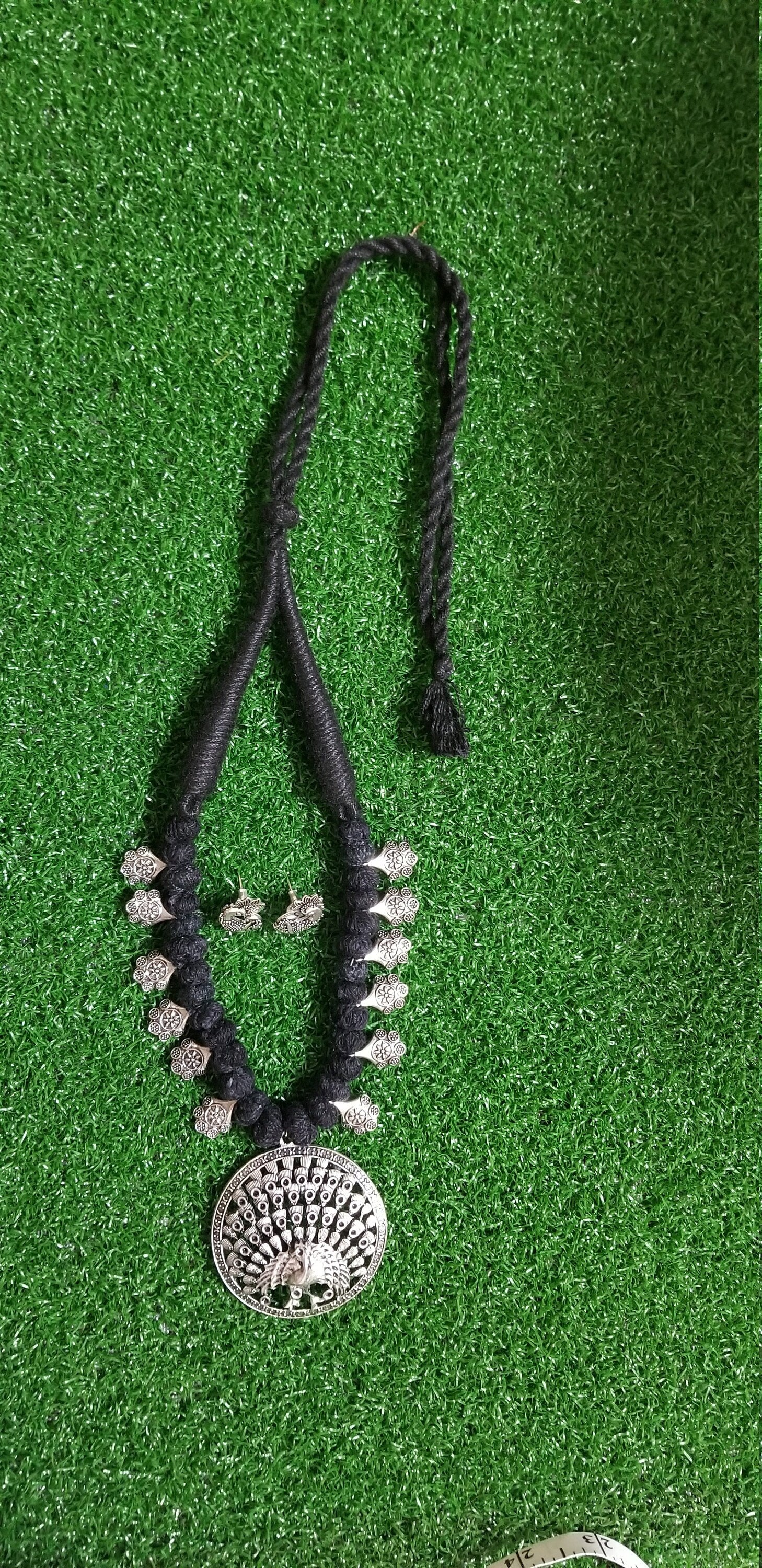 Antique Silver Peacock Pendent with Thread bead chain with Peacock Earrings - Ethnic Jewelry