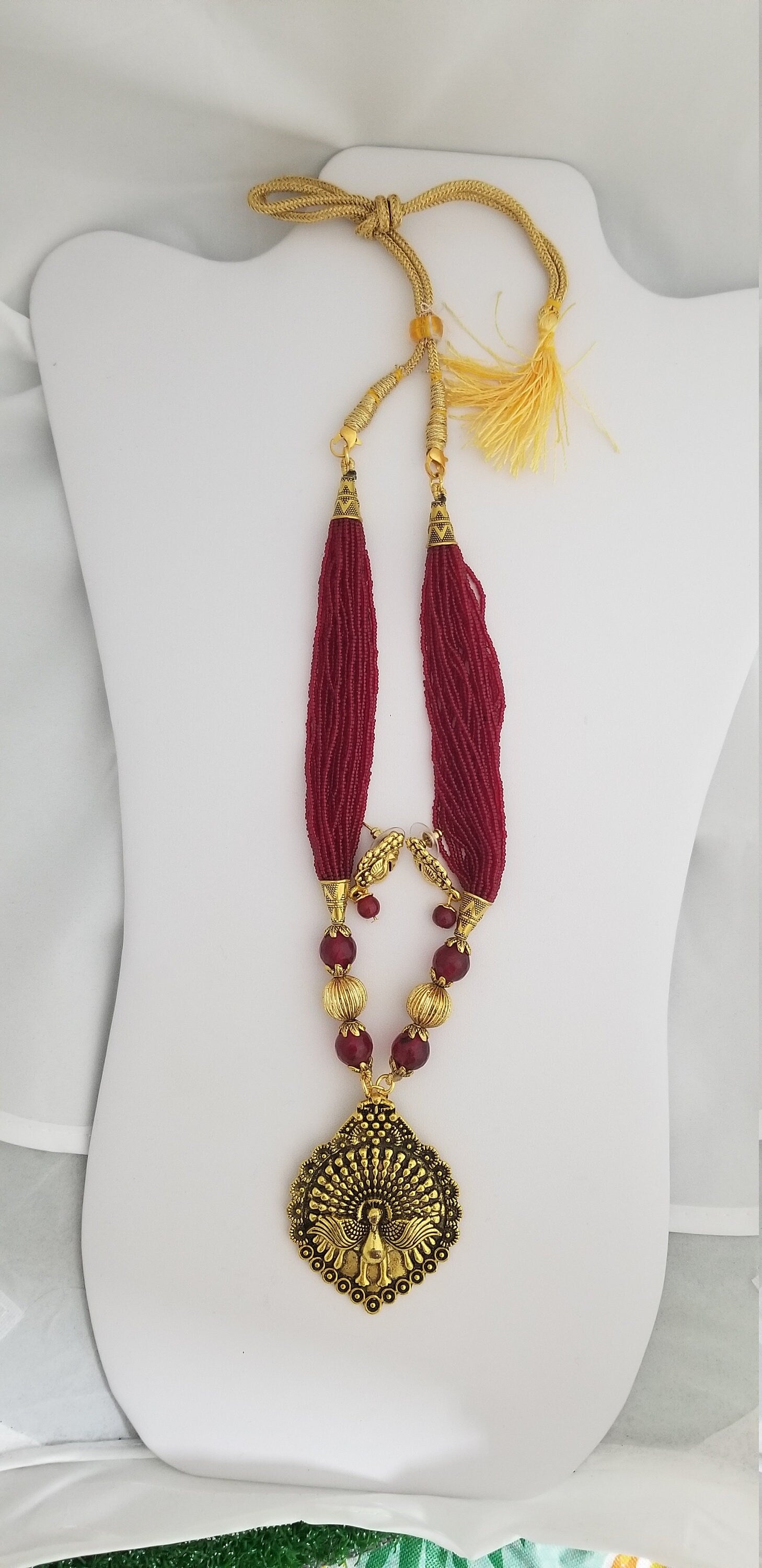 Antique Peacock Pendent with Red Bead chain with Peacock Earrings- Ethnic Jewelry