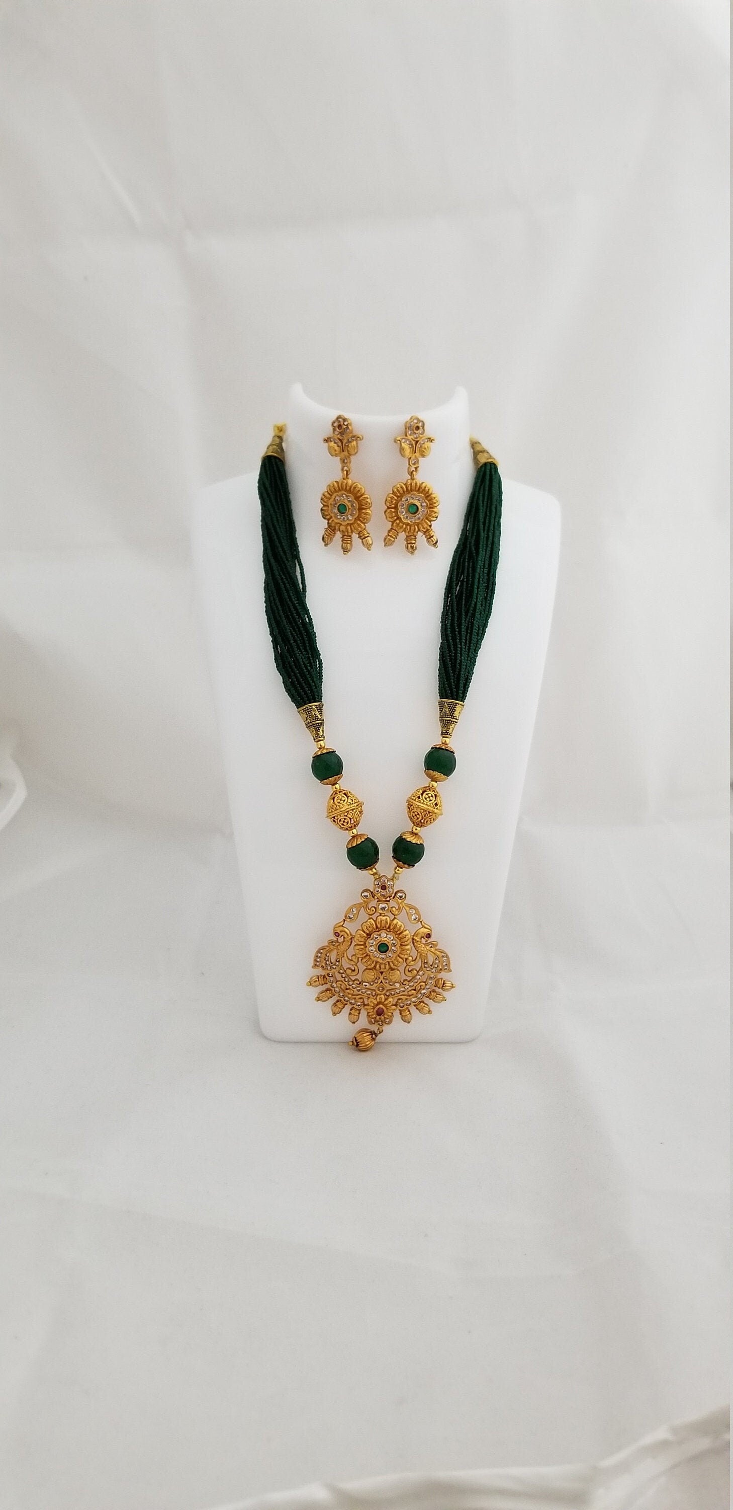 Matte Finish Flower Pendent with bead chain and Marching Earrings - Indian Jewelry- Indian Jewelry