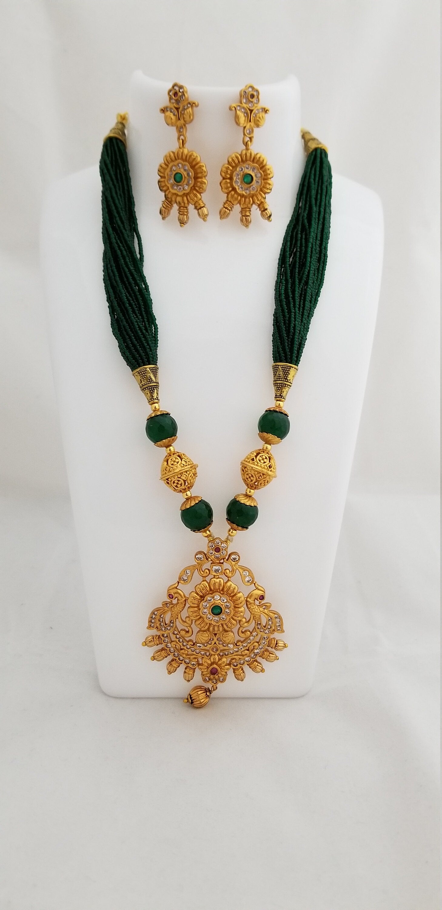 Matte Finish Flower Pendent with bead chain and Marching Earrings - Indian Jewelry- Indian Jewelry