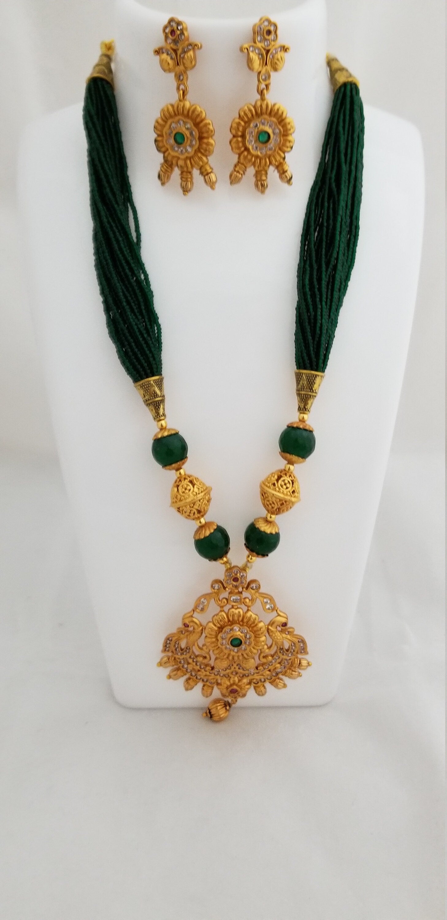 Matte Finish Flower Pendent with bead chain and Marching Earrings - Indian Jewelry- Indian Jewelry