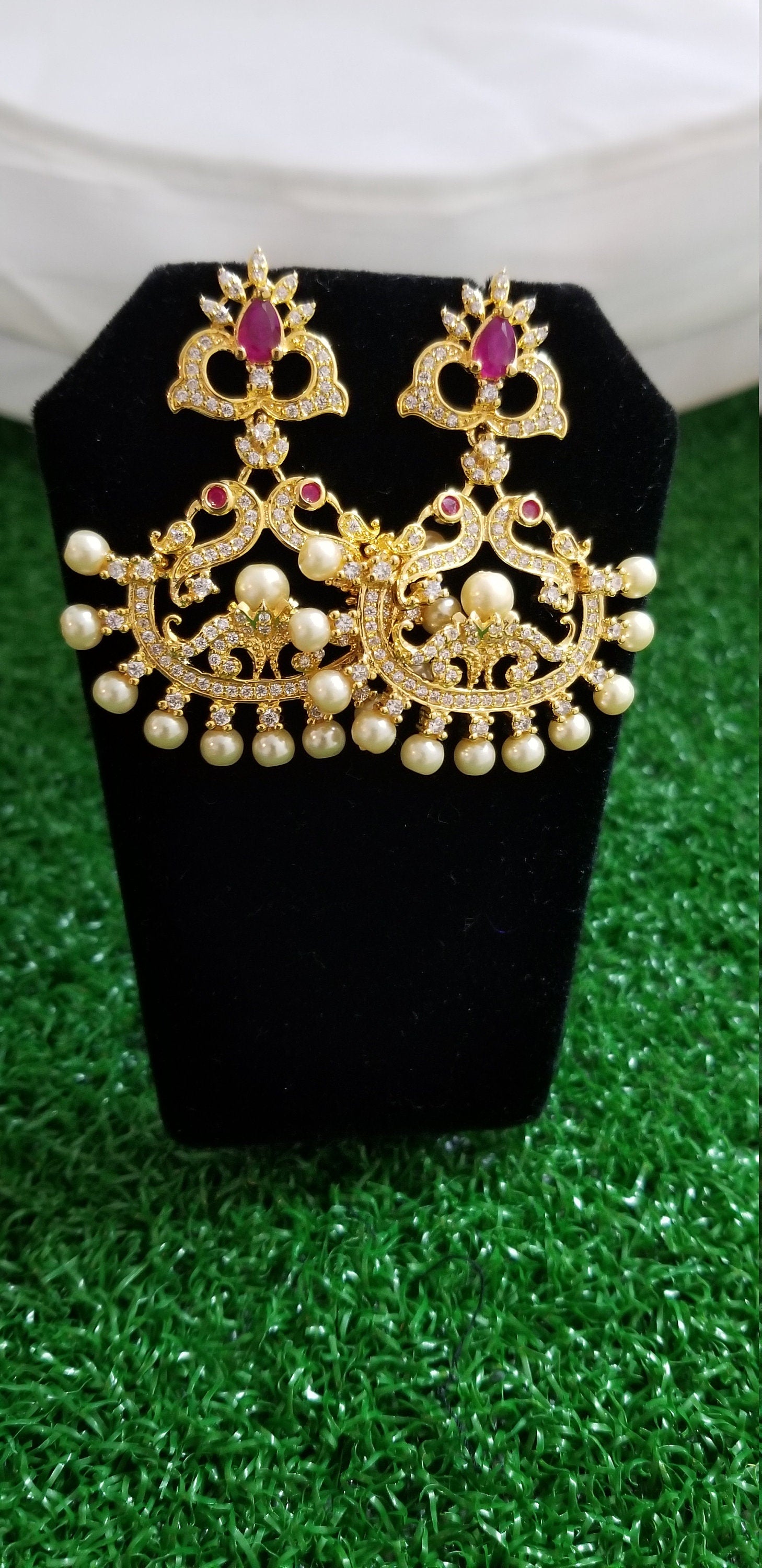 CZ stone Peacock Earrings with pearls Jhumki Jhumka Earrings for Women and Girls