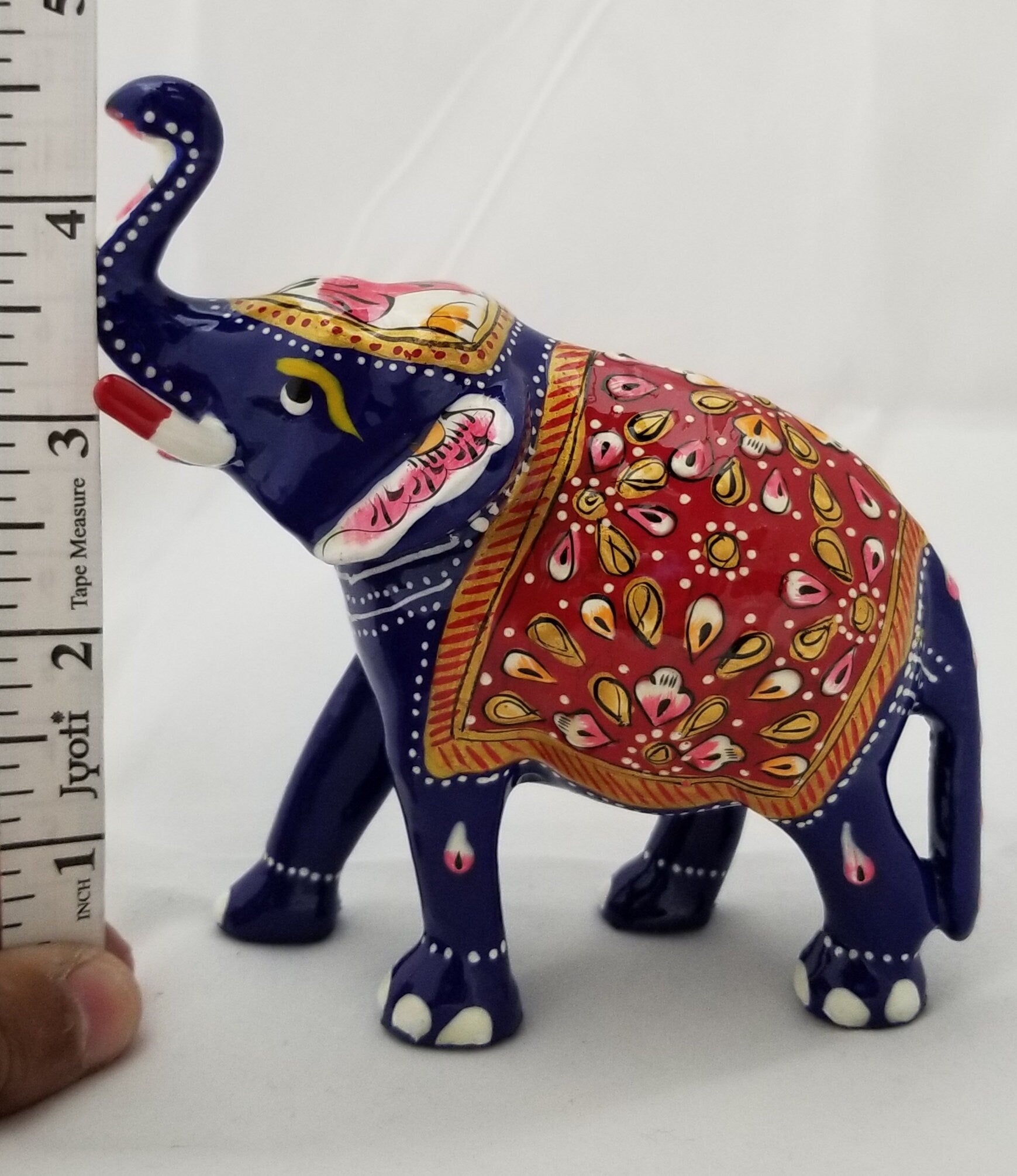 Brass Elephant with trunk facing upwards beautiful Red painted Art work - Collectibles - good luck prosperity  Gift Items