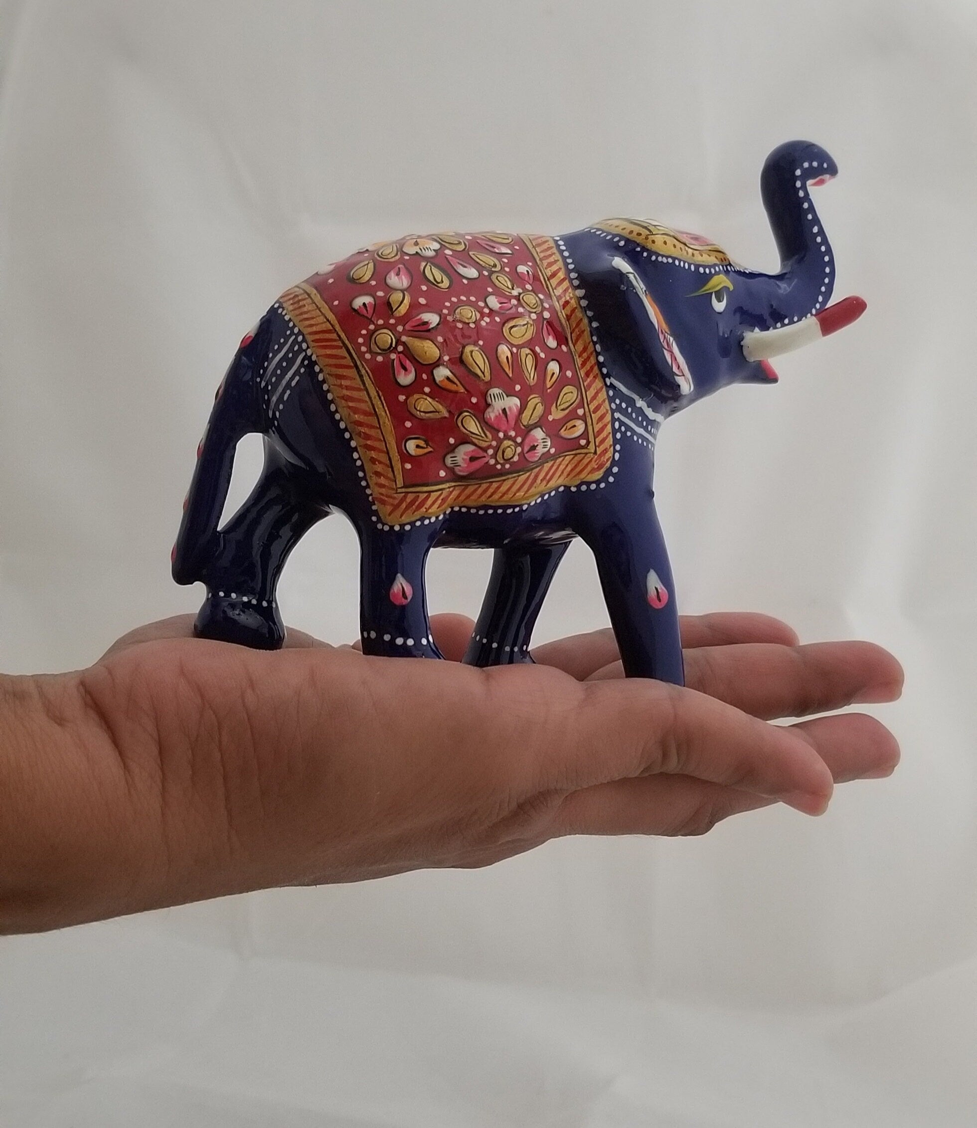 Brass Elephant with trunk facing upwards beautiful Red painted Art work - Collectibles - good luck prosperity  Gift Items