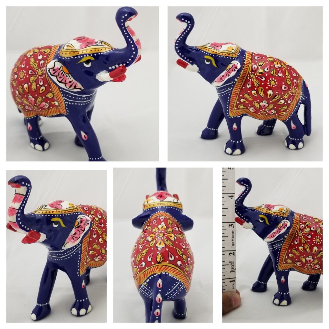 Brass Elephant with trunk facing upwards beautiful Red painted Art work - Collectibles - good luck prosperity  Gift Items