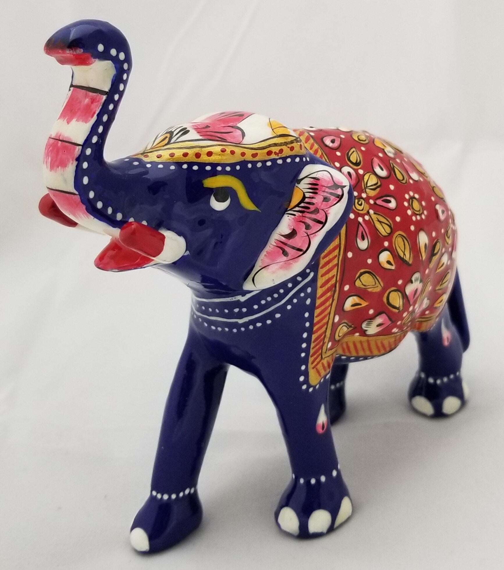 Brass Elephant with trunk facing upwards beautiful Red painted Art work - Collectibles - good luck prosperity  Gift Items
