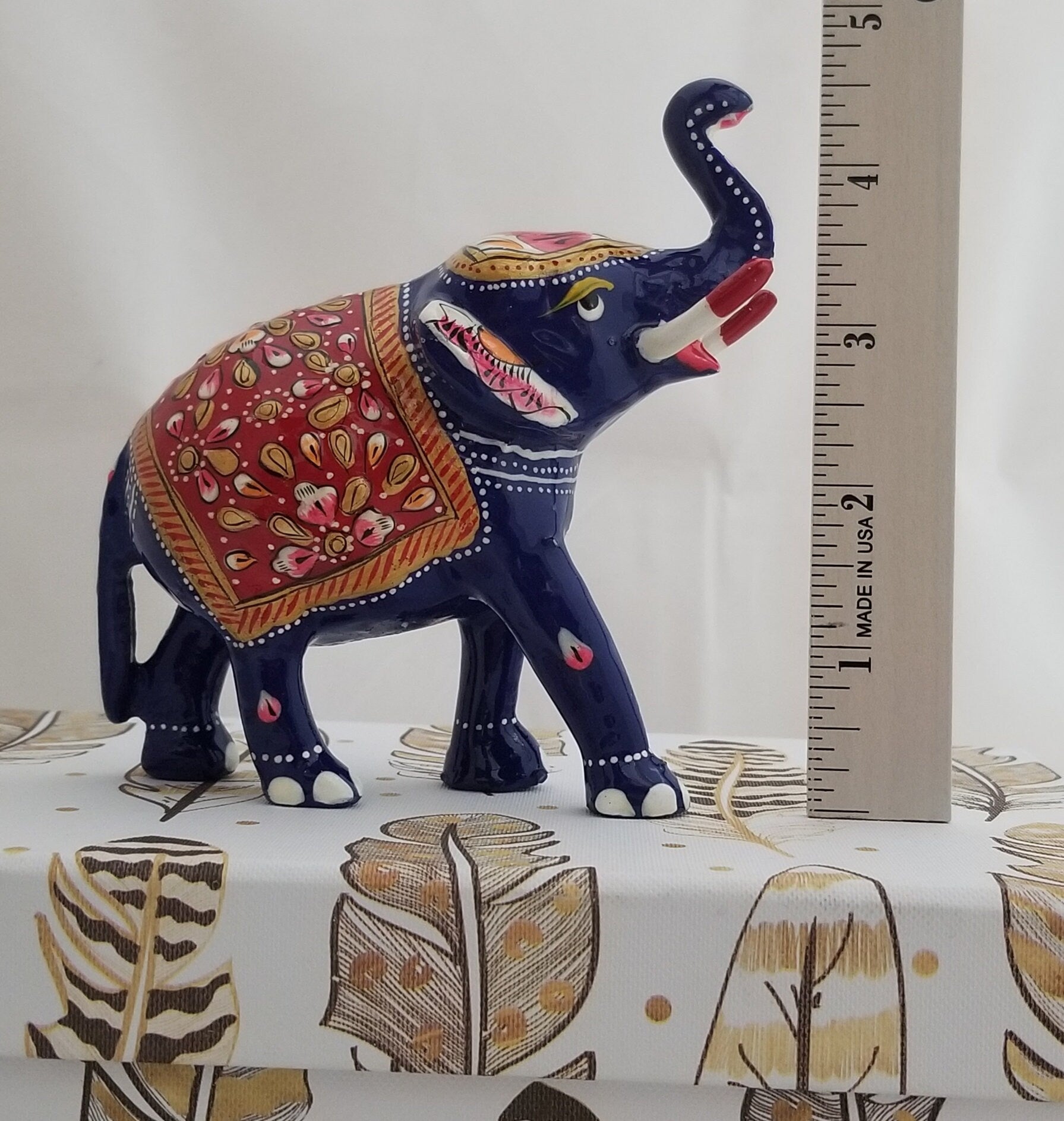 Brass Elephant with trunk facing upwards beautiful Red painted Art work - Collectibles - good luck prosperity  Gift Items
