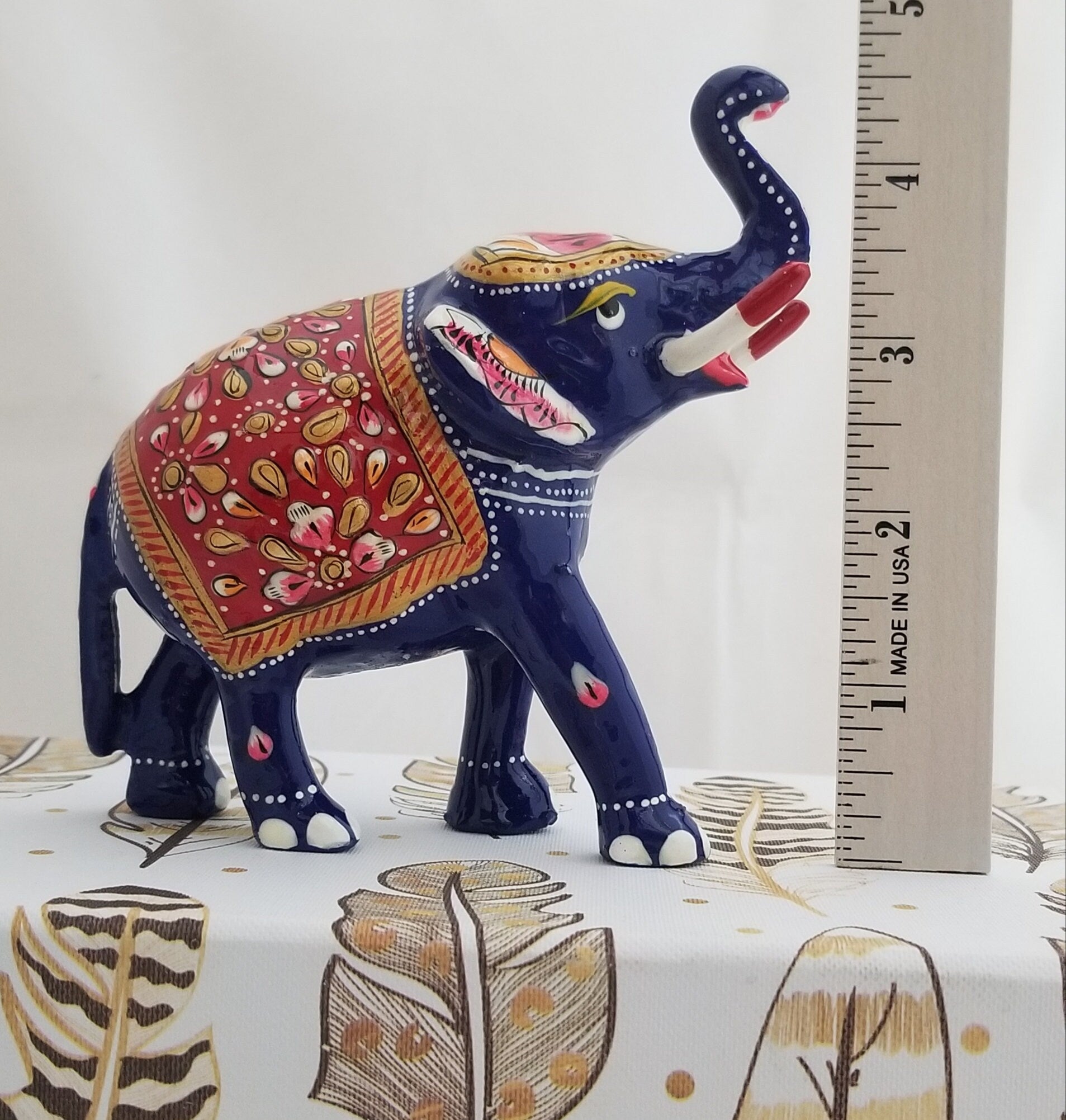 Brass Elephant with trunk facing upwards beautiful Red painted Art work - Collectibles - good luck prosperity  Gift Items