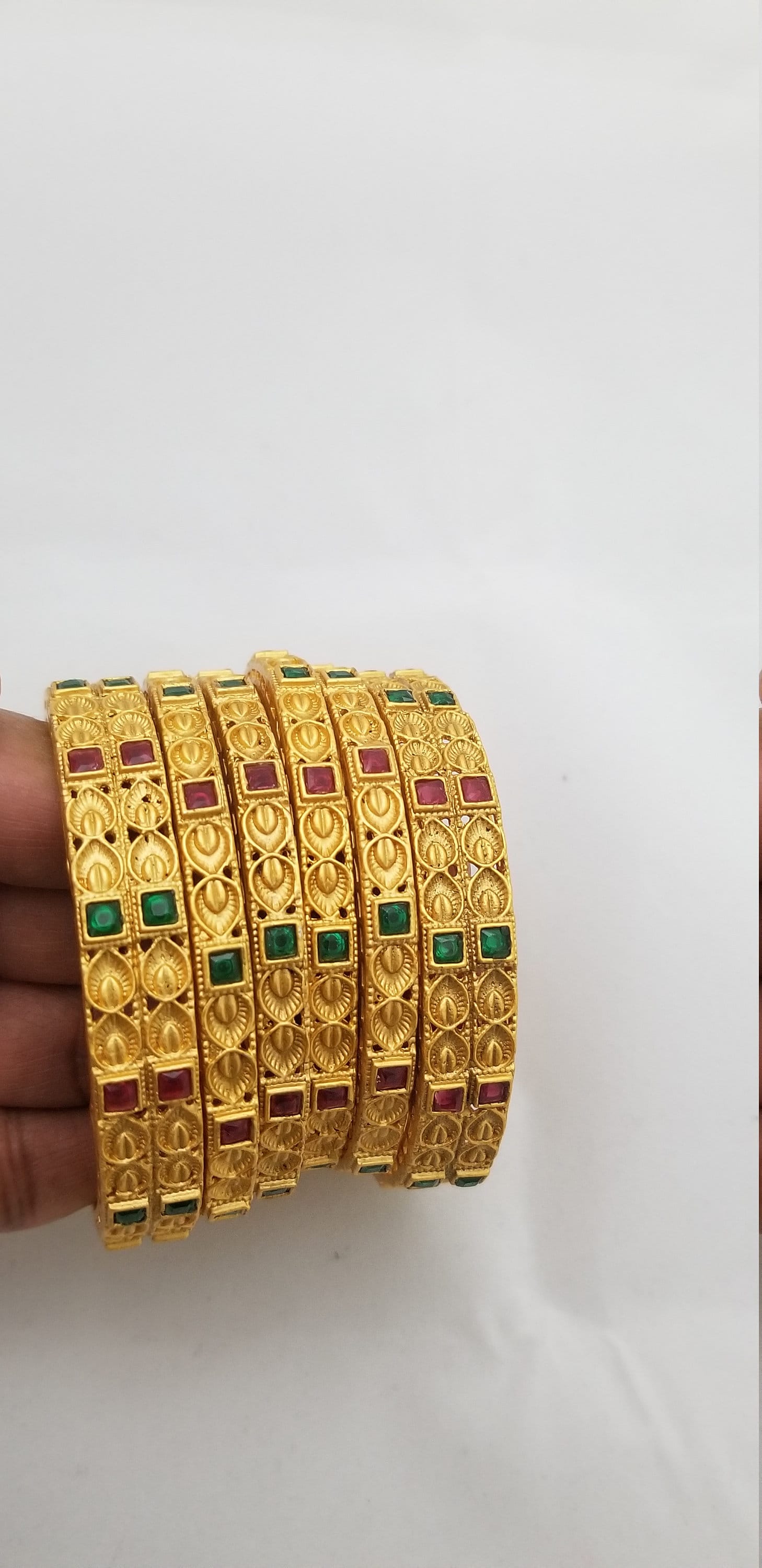 Matte finish Bangles with Red and Green AD stone -set of 6 bangles -  Size 2.6