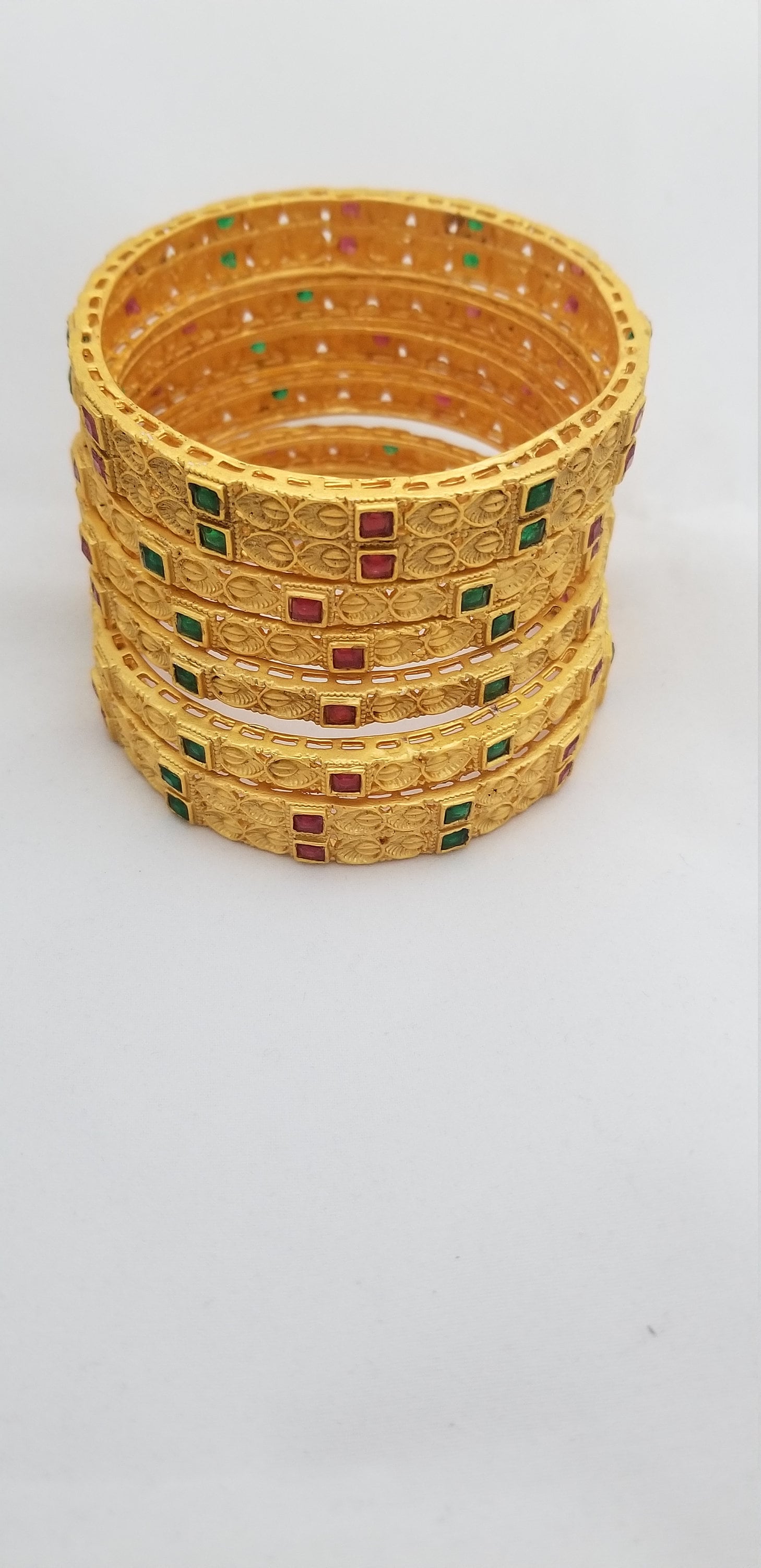 Matte finish Bangles with Red and Green AD stone -set of 6 bangles -  Size 2.6