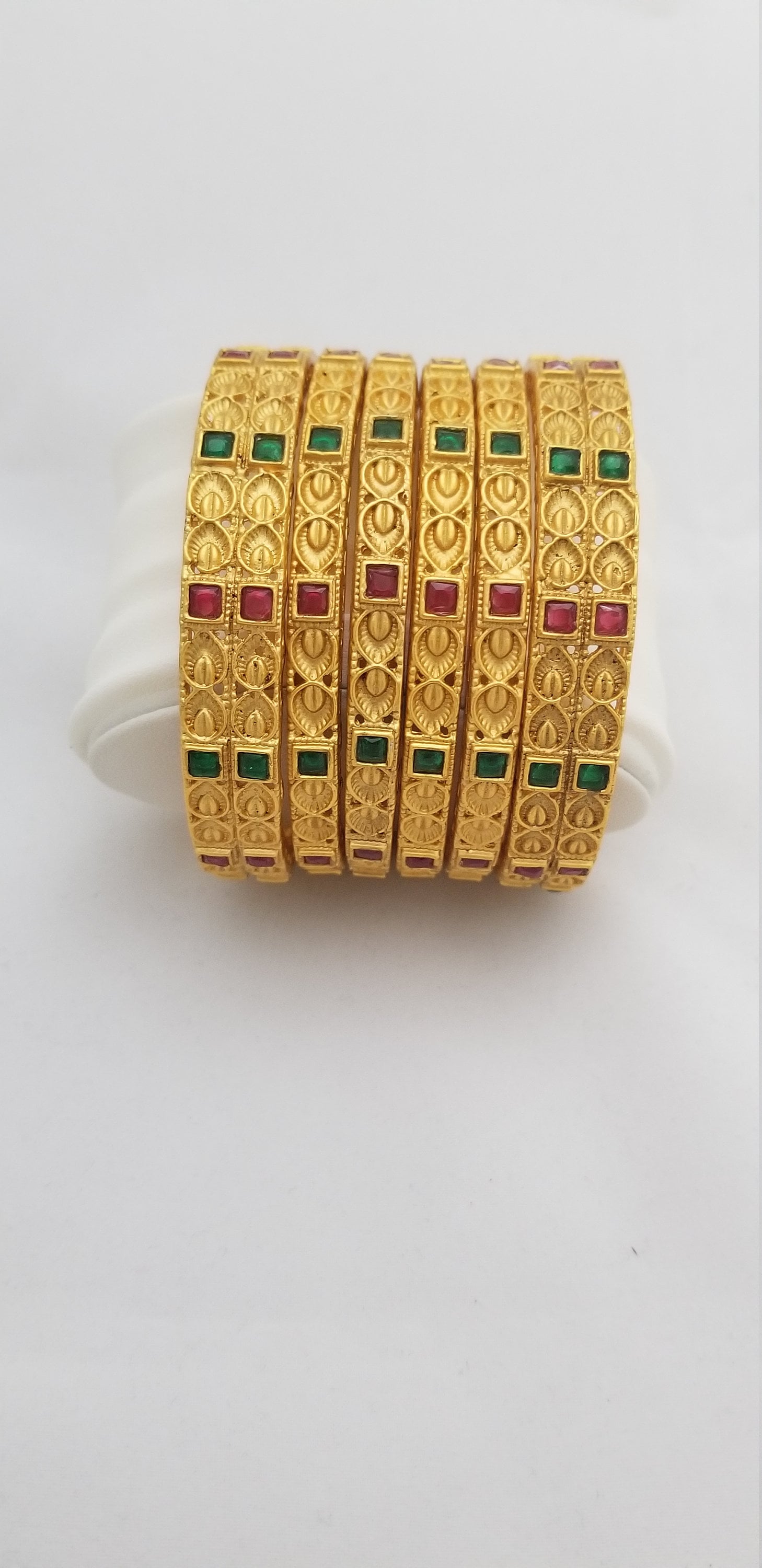 Matte finish Bangles with Red and Green AD stone -set of 6 bangles -  Size 2.6