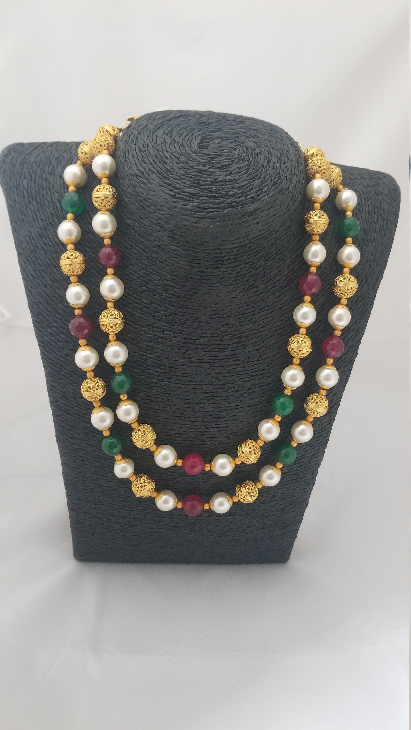 Matte and multi-color bead double layer necklace