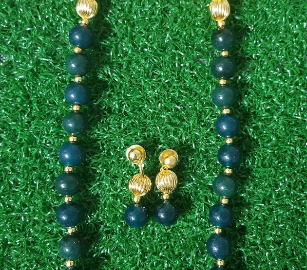Green Bead with Gold bead chain with matching Earrings