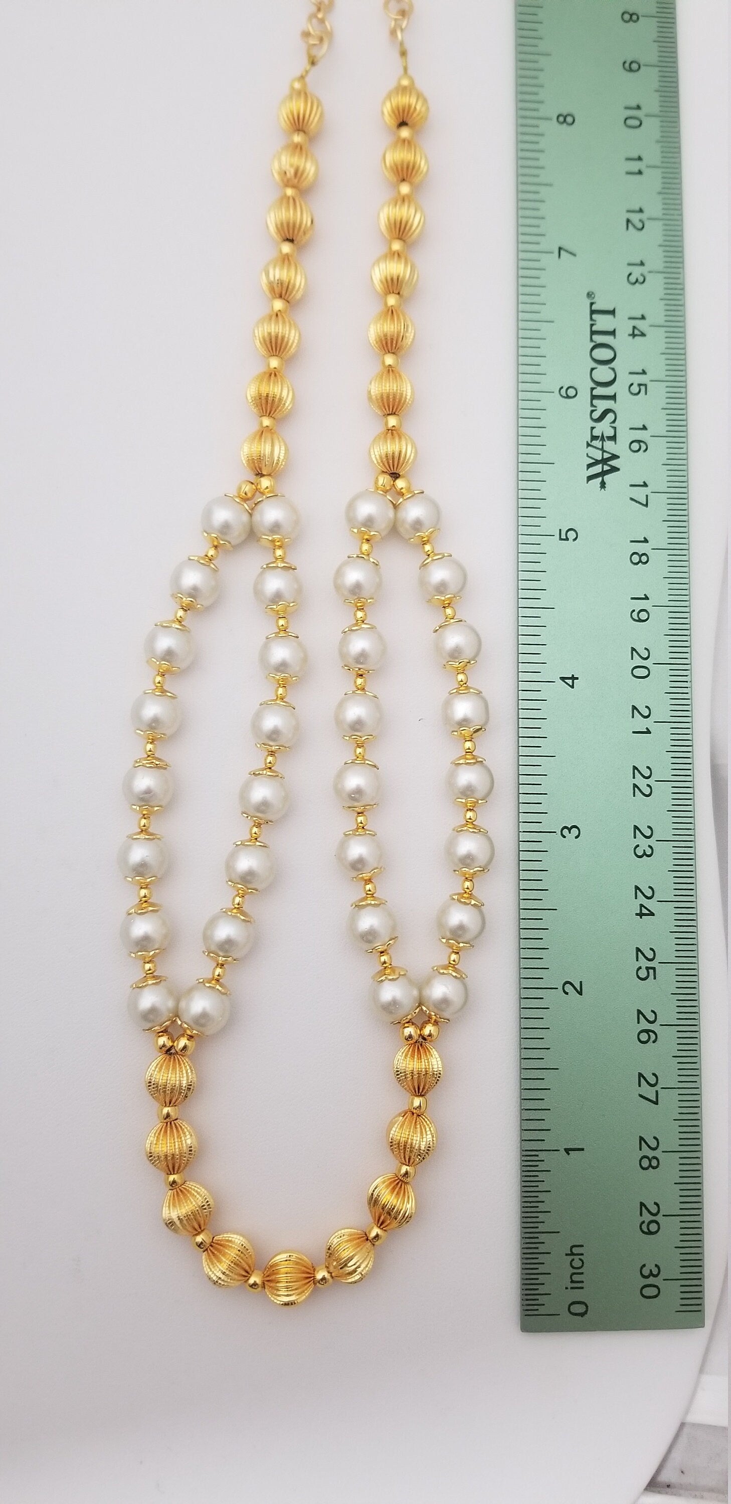 Pearl with Gold bead double line chain with Matching Earrings