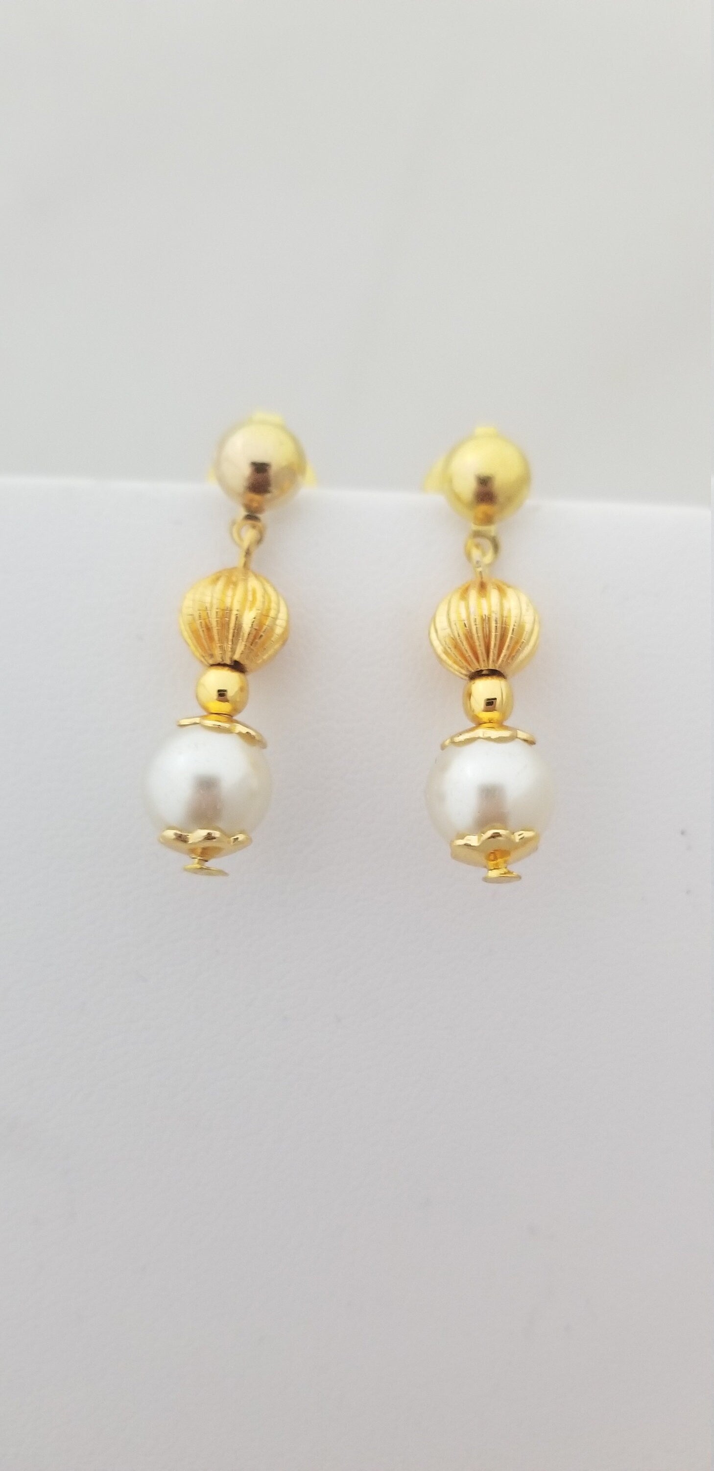Pearl with Gold bead double line chain with Matching Earrings