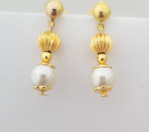 Pearl with Gold bead double line chain with Matching Earrings