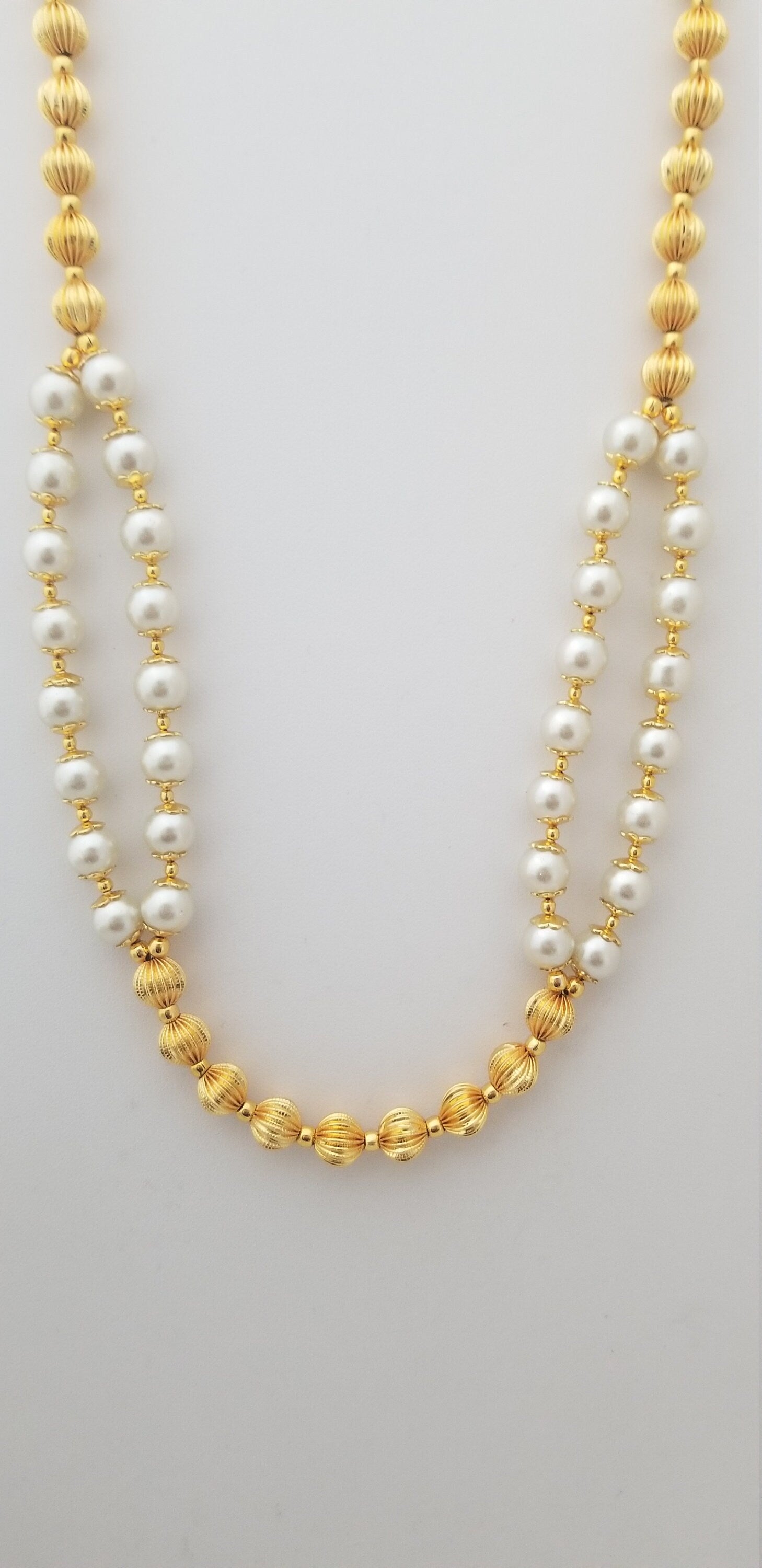 Pearl with Gold bead double line chain with Matching Earrings