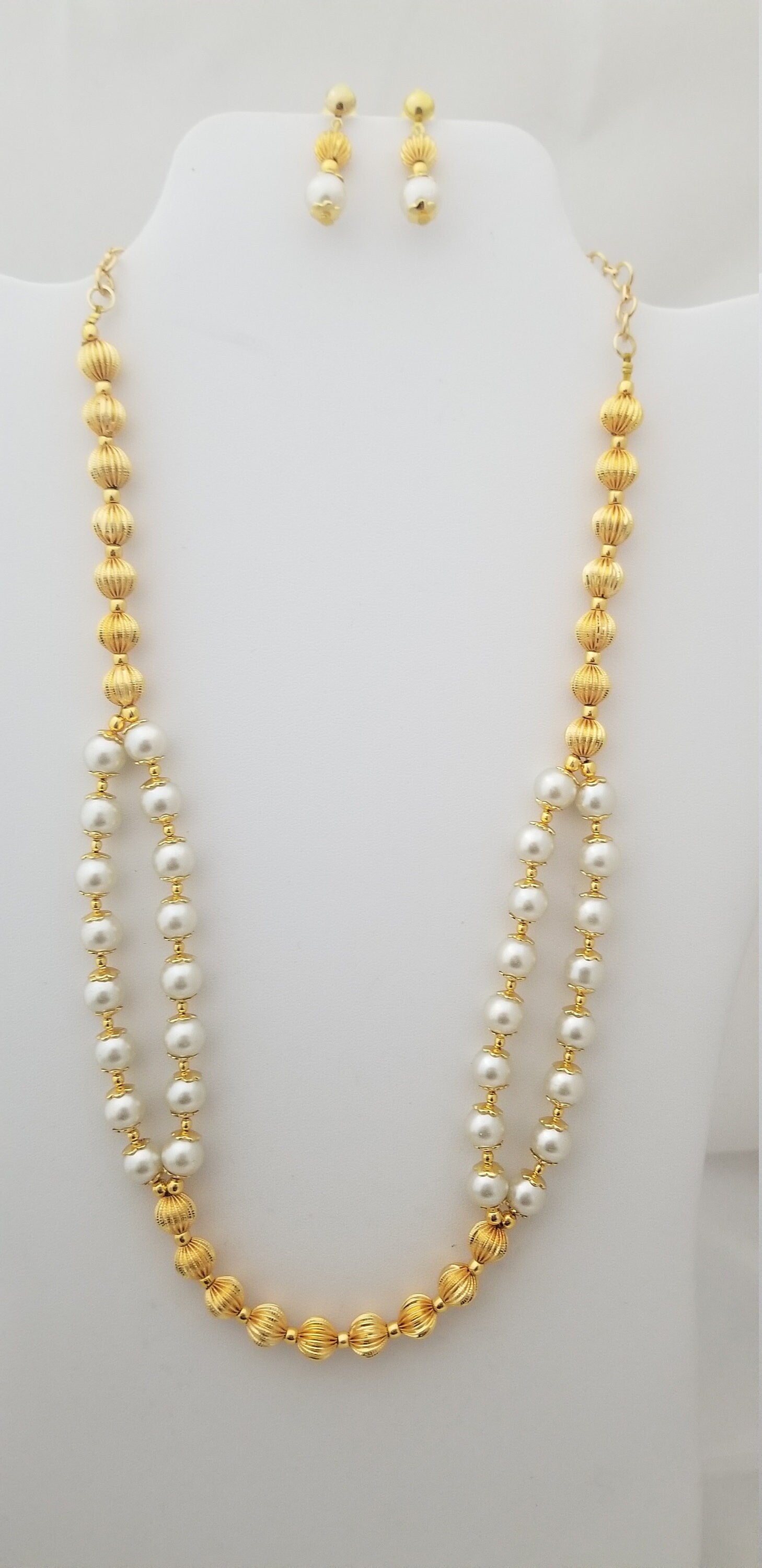 Pearl with Gold bead double line chain with Matching Earrings