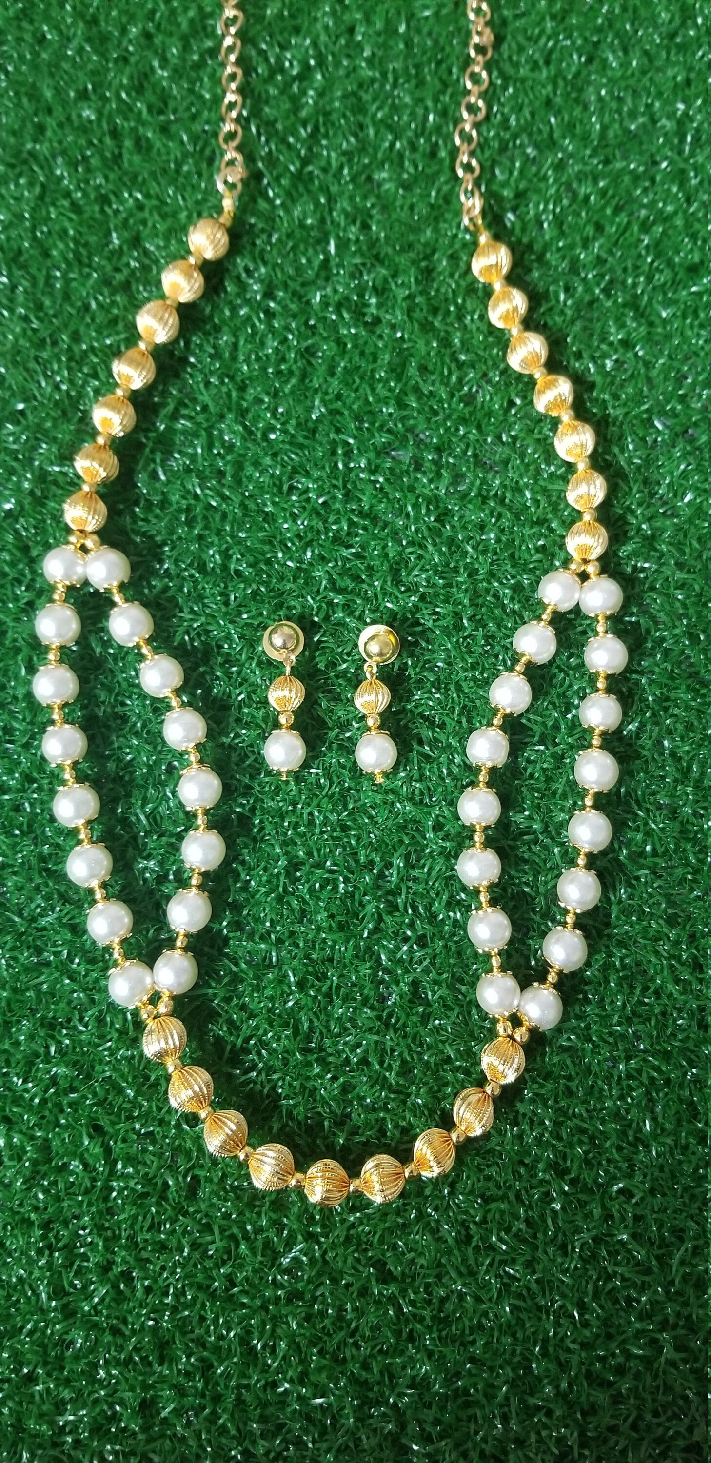 Pearl with Gold bead double line chain with Matching Earrings
