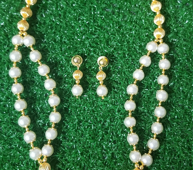Pearl with Gold bead double line chain with Matching Earrings