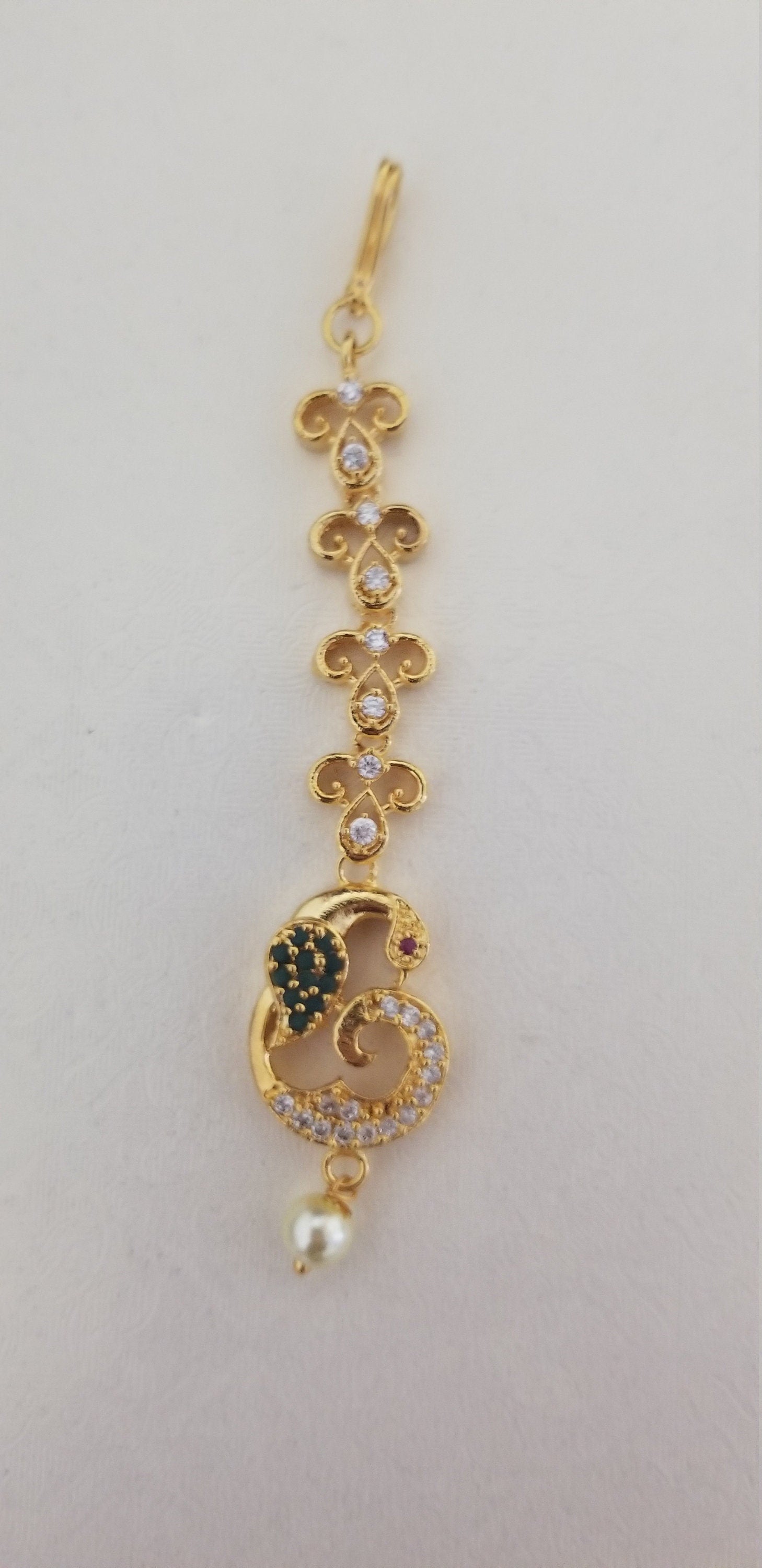 Peacock CZ Stone type with pearl hanging Tikka/Nethichutti