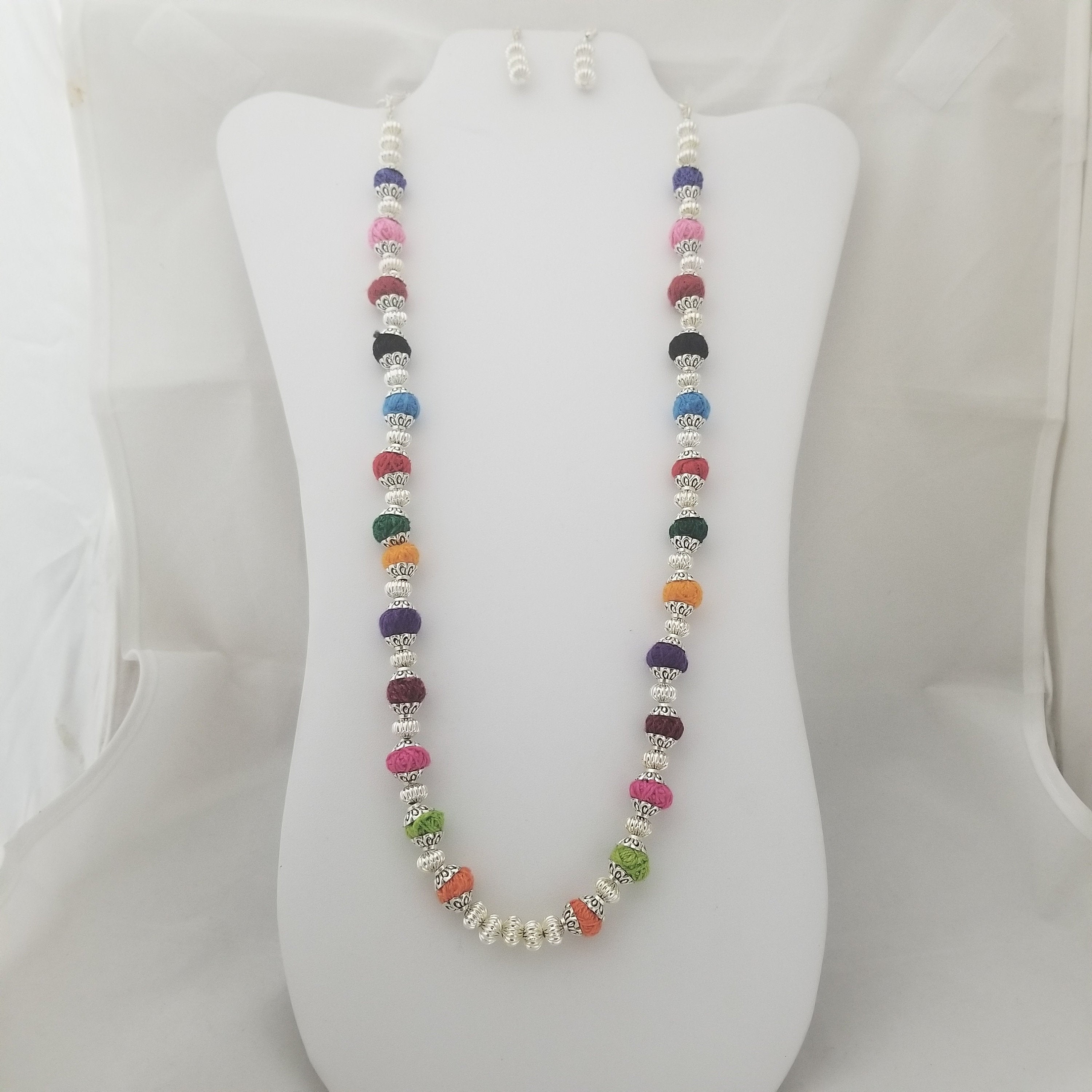 Multi-color thread bead with Silver ball long chain with Earrings
