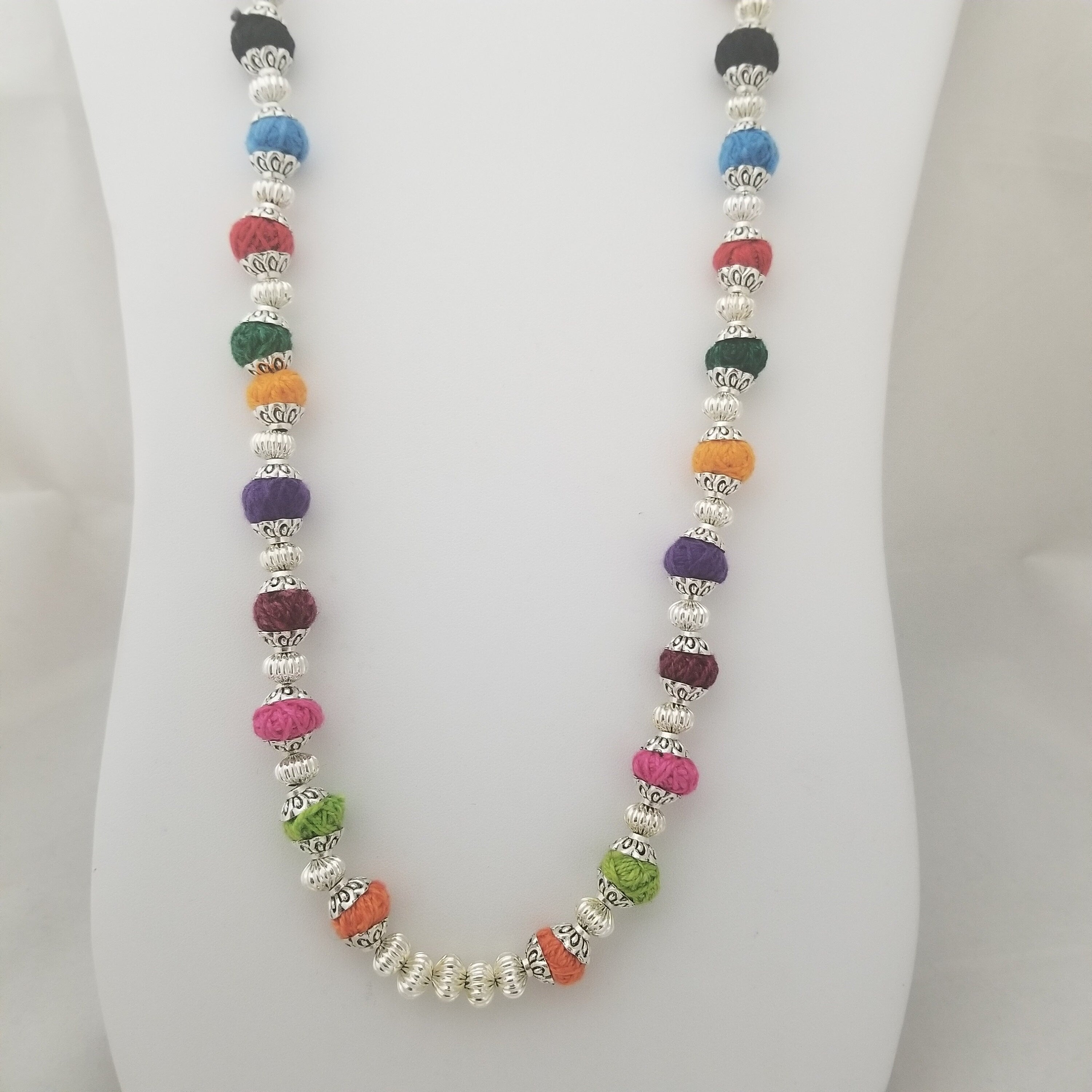 Multi-color thread bead with Silver ball long chain with Earrings