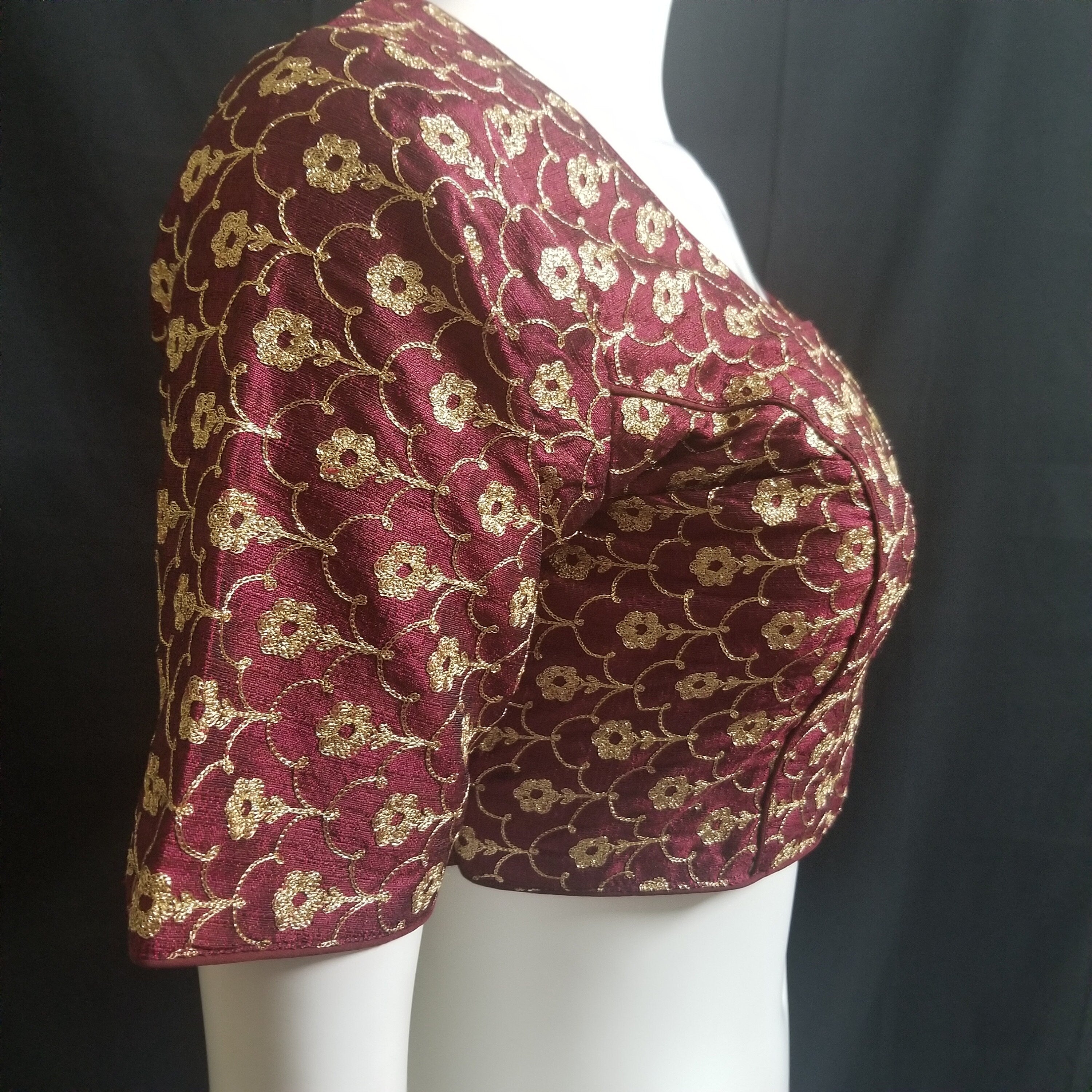 Readymade Saree Blouse - Maroon with golden flower embroidery Blouse - Princess cut padded - size 38" (can alter 34" - 42")