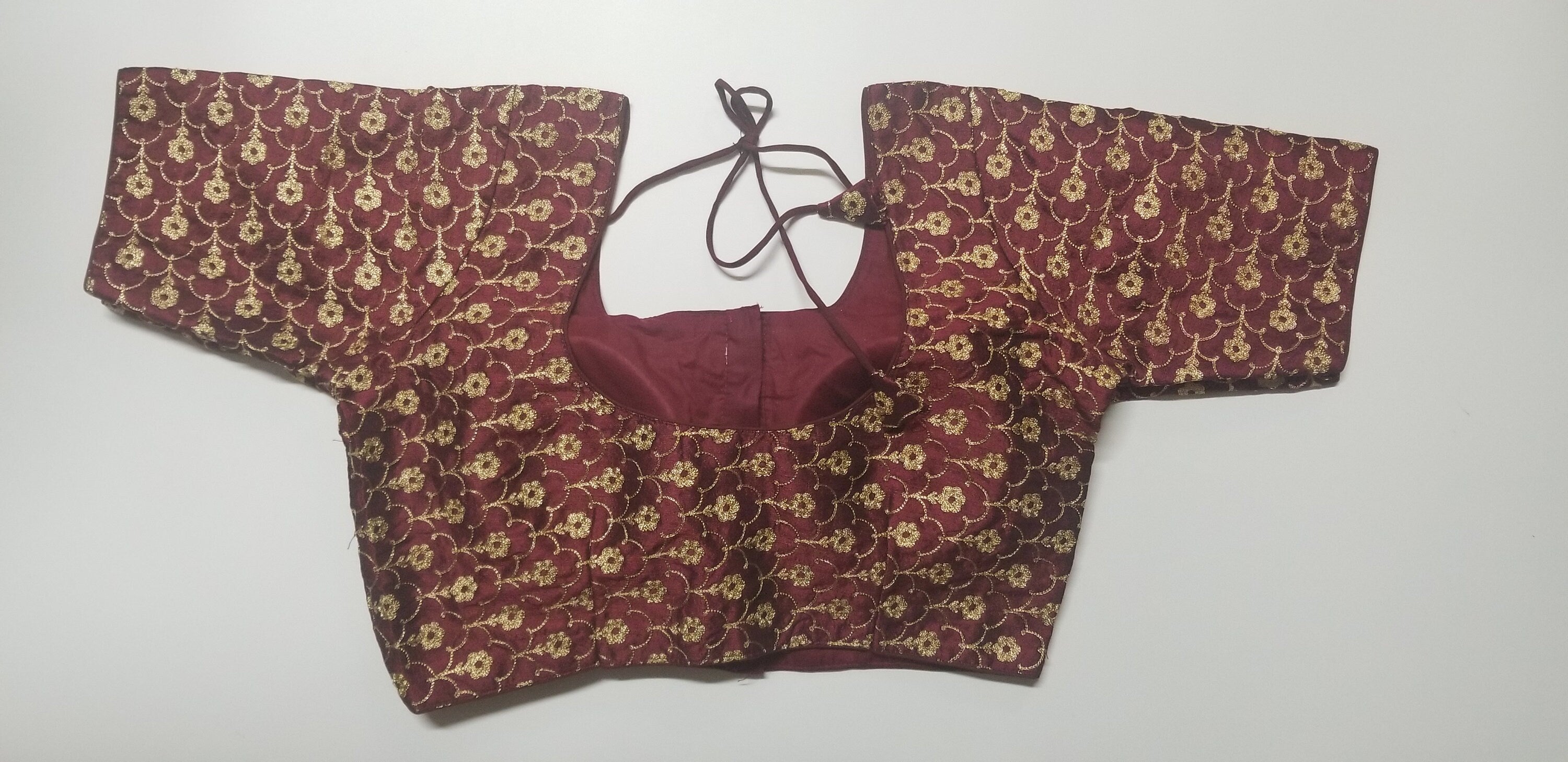 Readymade Saree Blouse - Maroon with golden flower embroidery Blouse - Princess cut padded - size 38" (can alter 34" - 42")