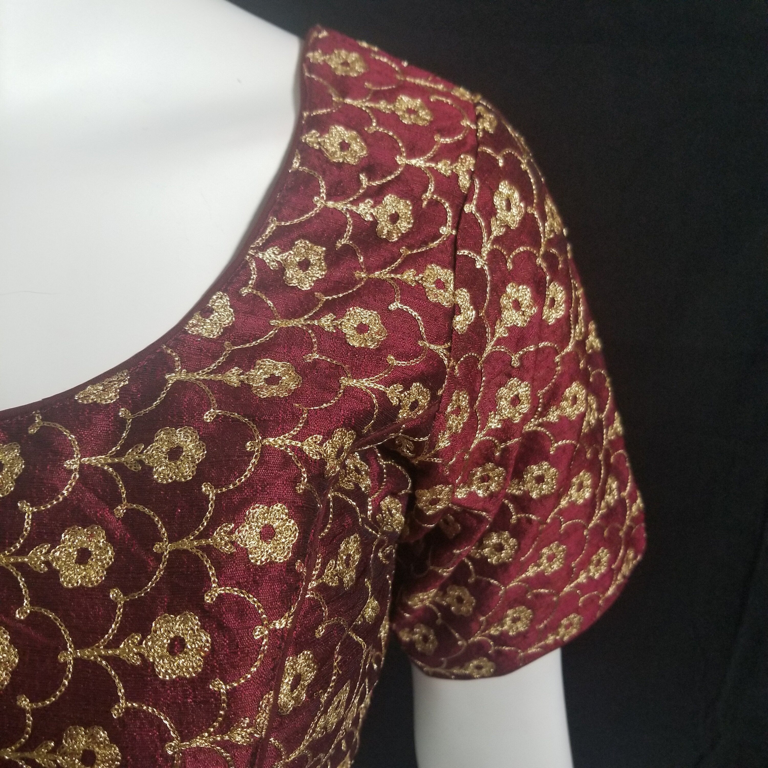 Readymade Saree Blouse - Maroon with golden flower embroidery Blouse - Princess cut padded - size 38" (can alter 34" - 42")