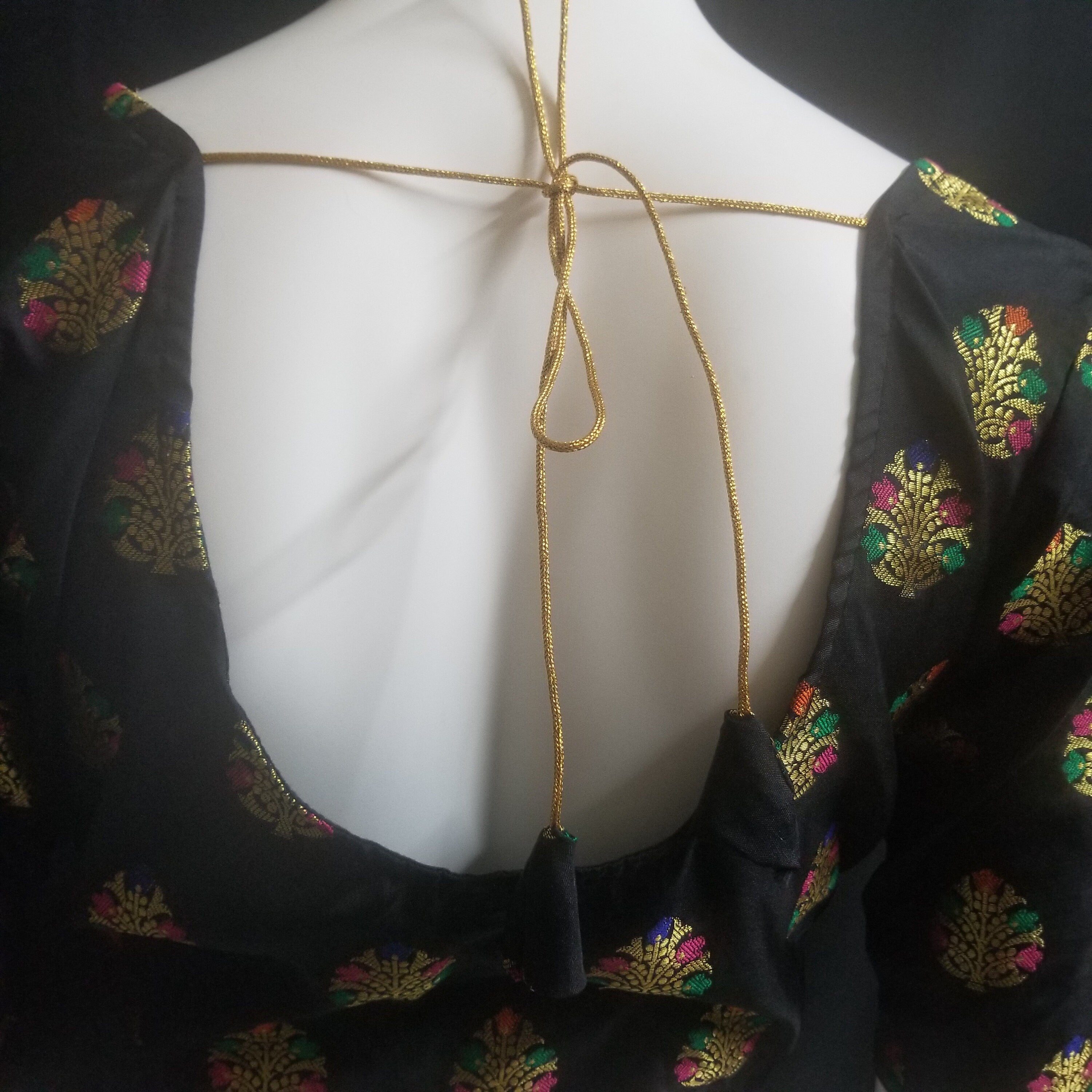 Readymade Saree Blouse - Black Silk gold and multi-color flower - Plus size - Princess cut padded - size 42" (alter 38" to 46")