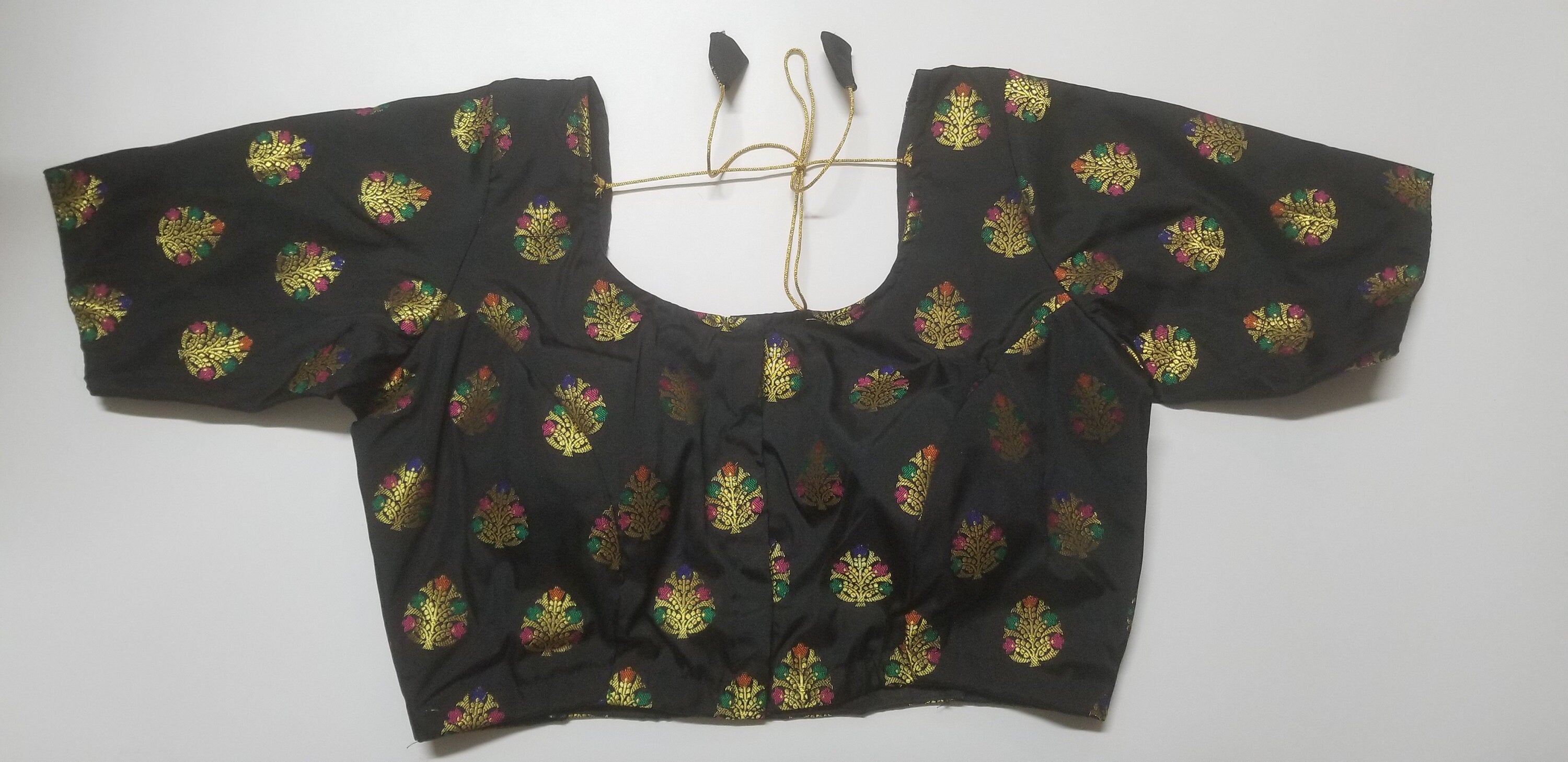 Readymade Saree Blouse - Black Silk gold and multi-color flower - Plus size - Princess cut padded - size 42" (alter 38" to 46")