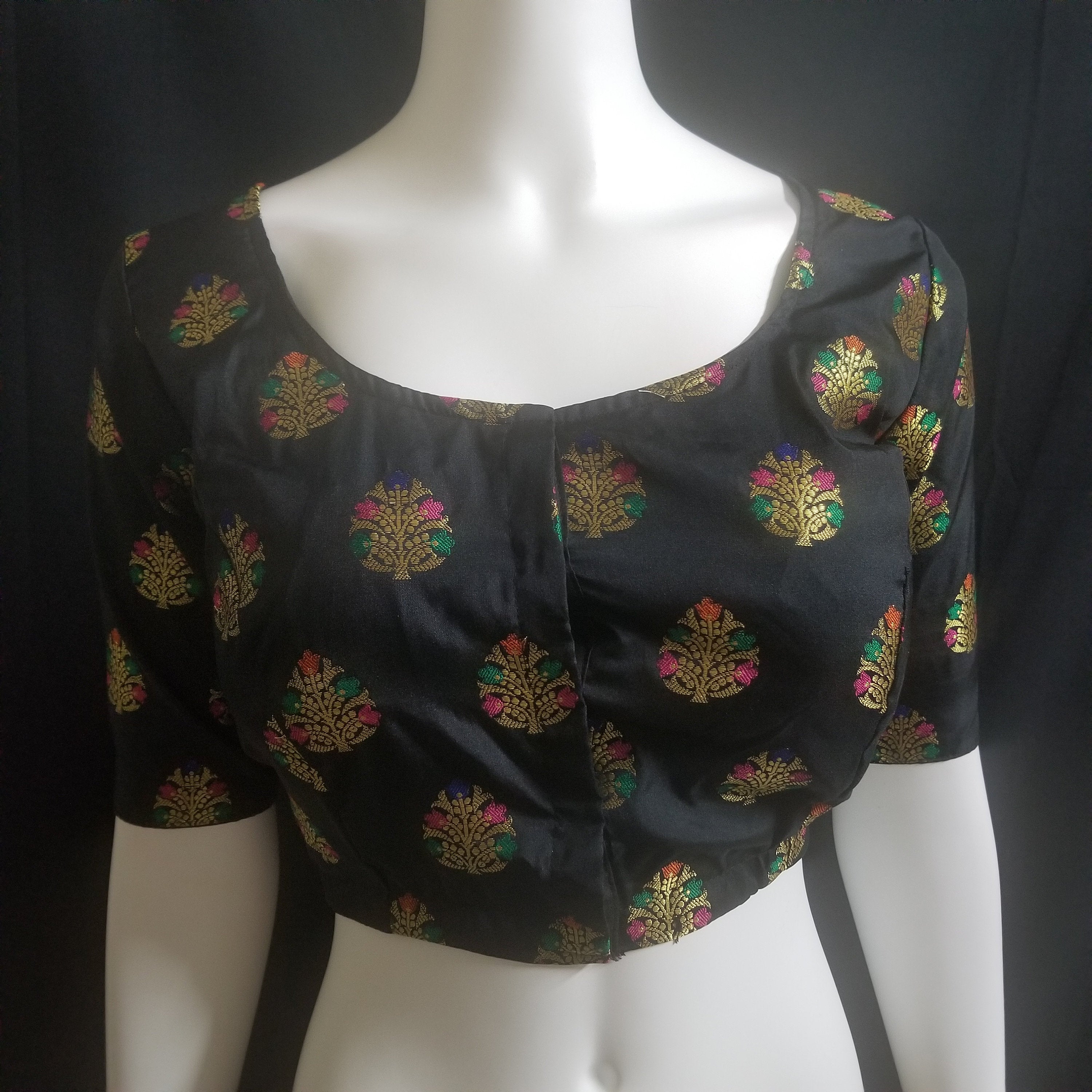 Readymade Saree Blouse - Black Silk gold and multi-color flower - Plus size - Princess cut padded - size 42" (alter 38" to 46")
