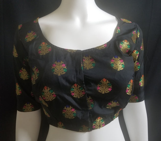 Readymade Saree Blouse - Black Silk gold and multi-color flower - Plus size - Princess cut padded - size 42