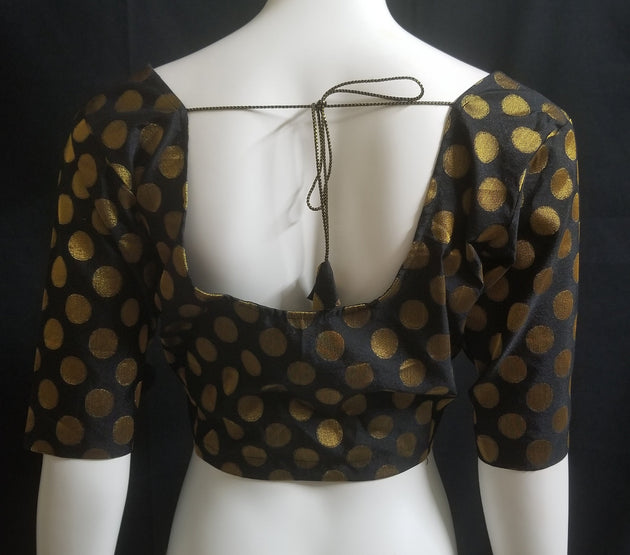 Readymade Saree Blouse - Black with gold butta Silk Blouse - Plus size - Princess cut padded - size 42