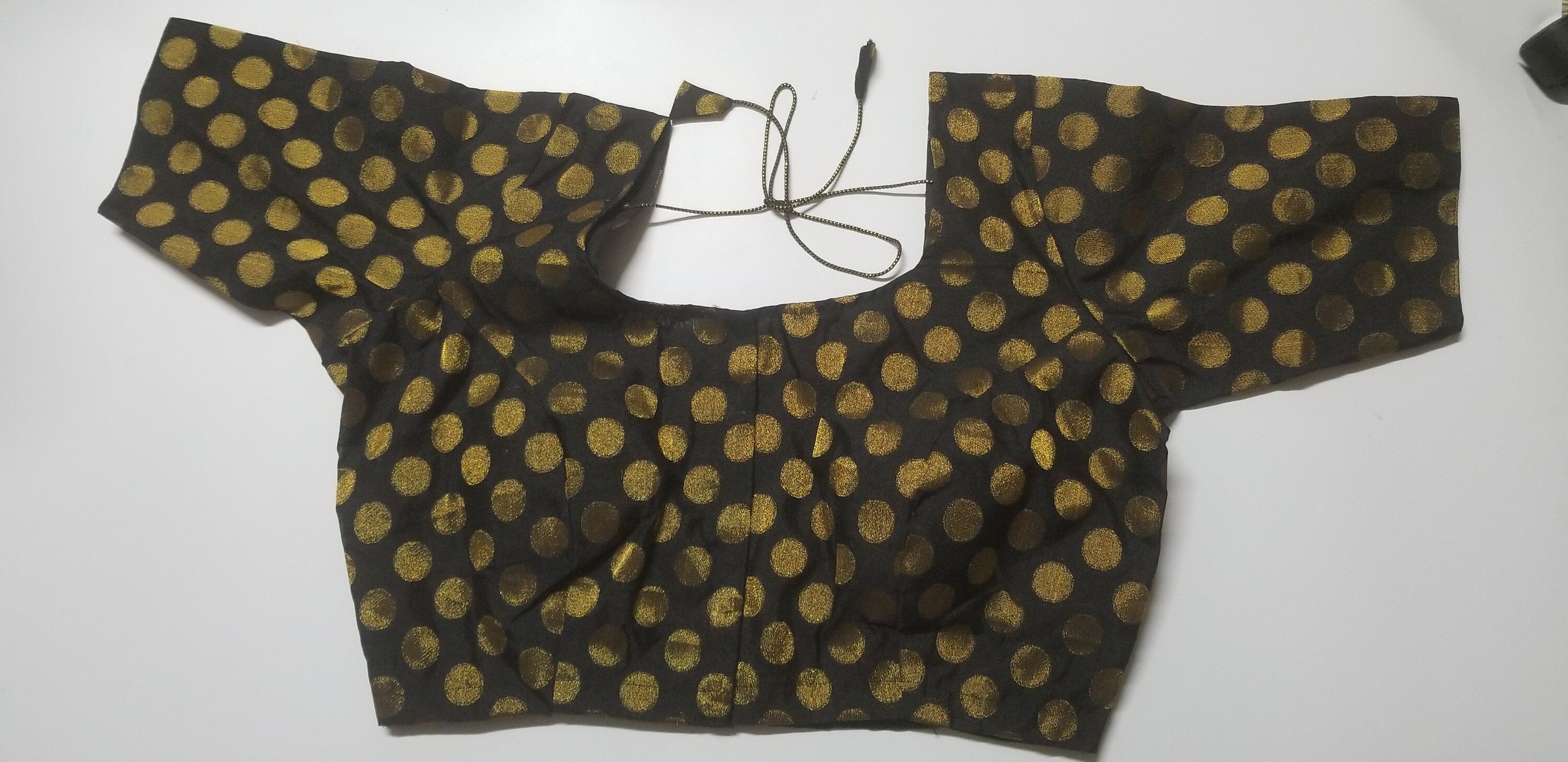 Readymade Saree Blouse - Black with gold butta Silk Blouse - Plus size - Princess cut padded - size 42" (alter 38" to 46")