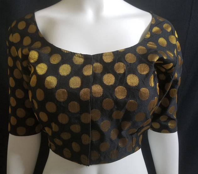 Readymade Saree Blouse - Black with gold butta Silk Blouse - Plus size - Princess cut padded - size 42