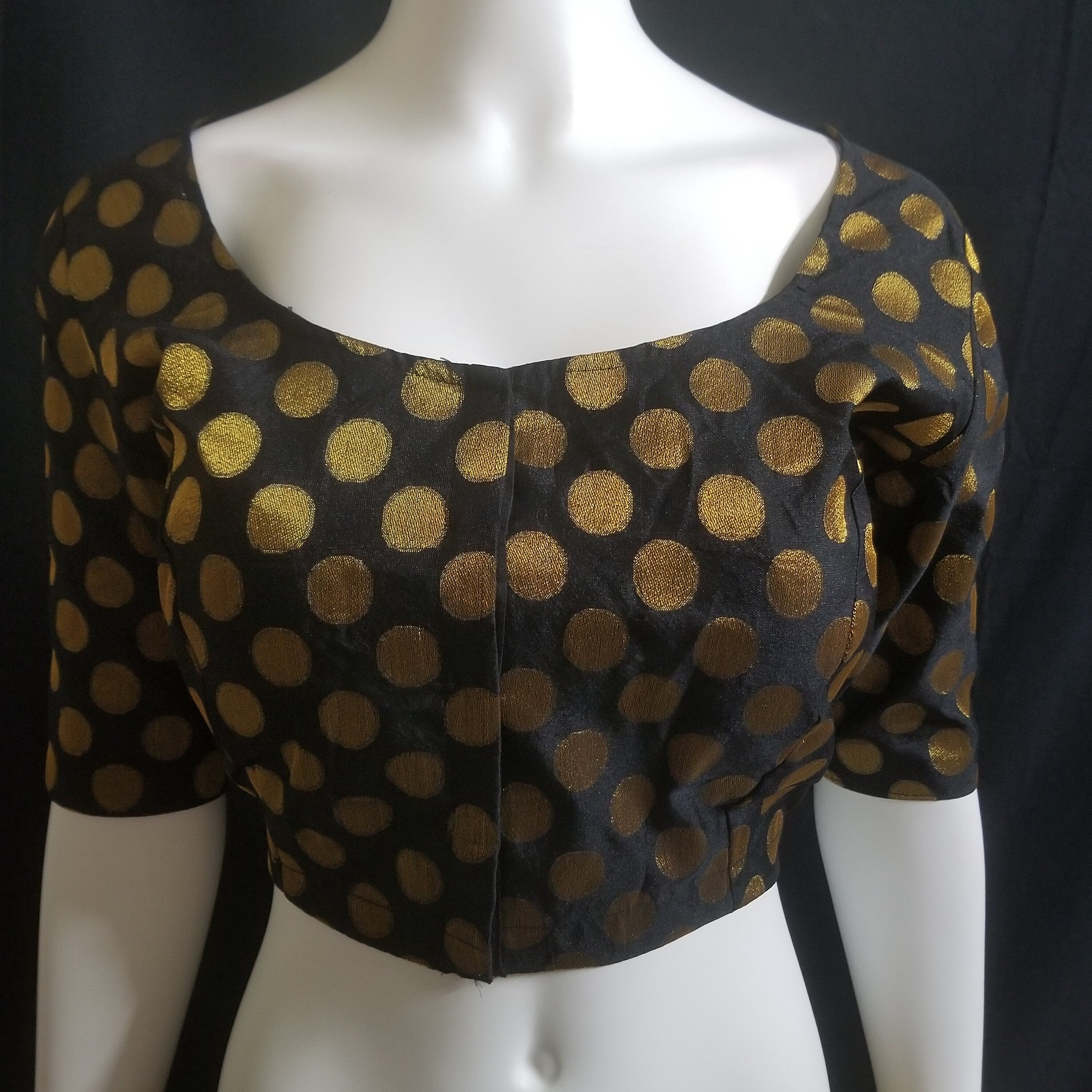 Readymade Saree Blouse - Black with gold butta Silk Blouse - Plus size - Princess cut padded - size 42" (alter 38" to 46")