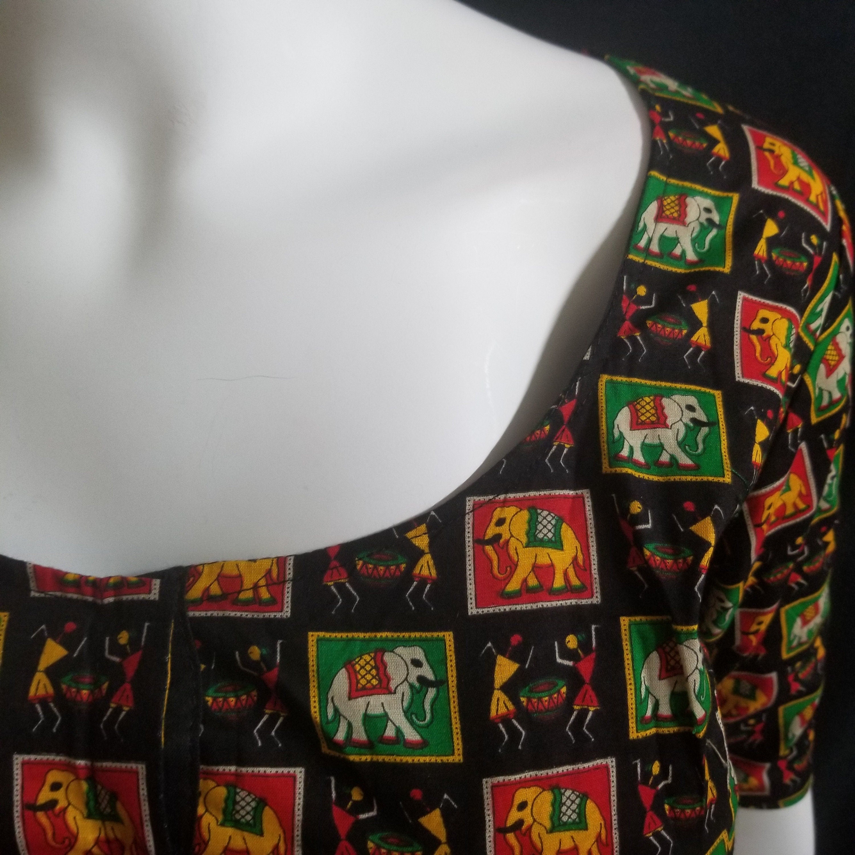 Readymade Saree Blouse - Black with multi-color Elephant print Blouse - Plus size - Princess cut padded - size 42" (alter 38" to 46")