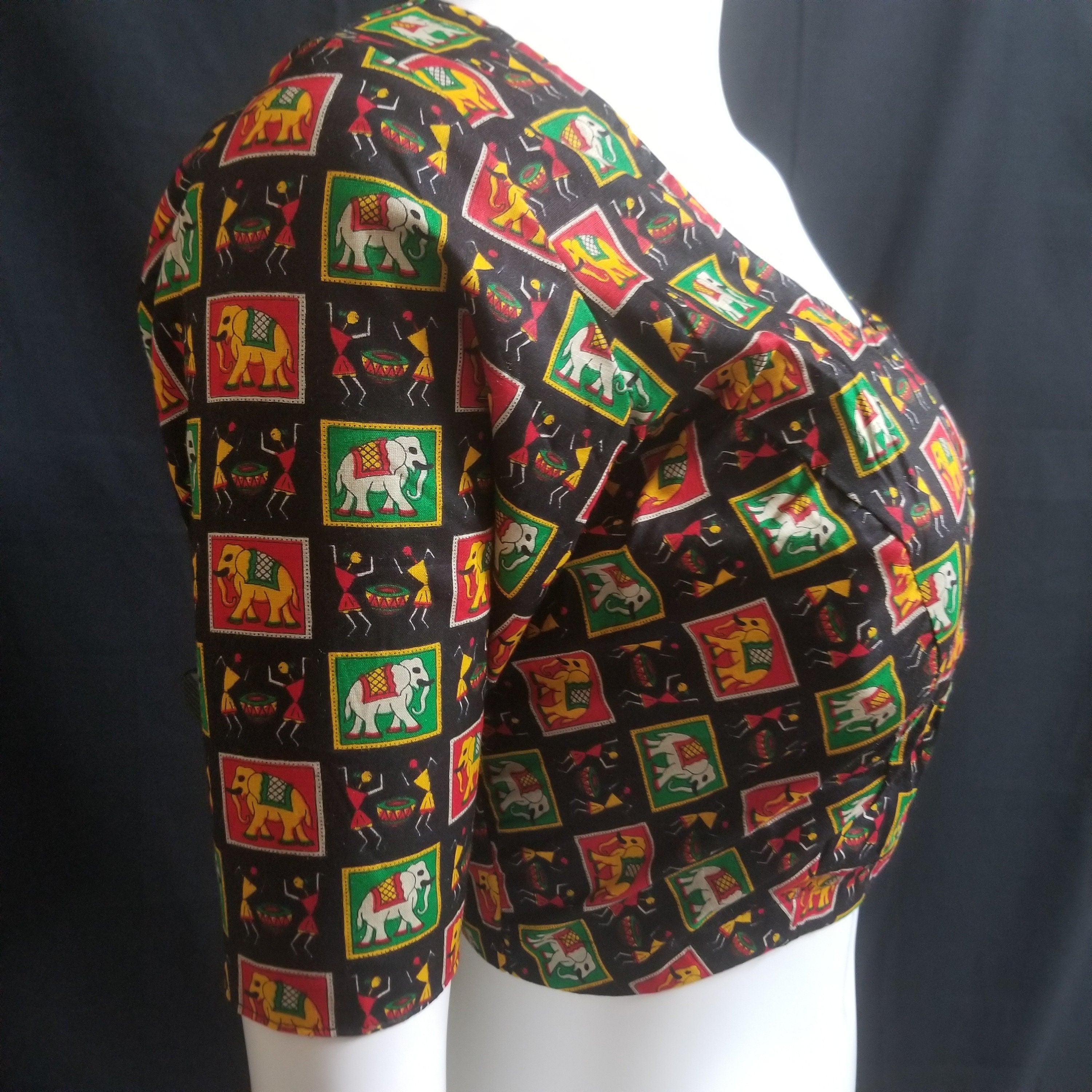 Readymade Saree Blouse - Black with multi-color Elephant print Blouse - Plus size - Princess cut padded - size 42" (alter 38" to 46")